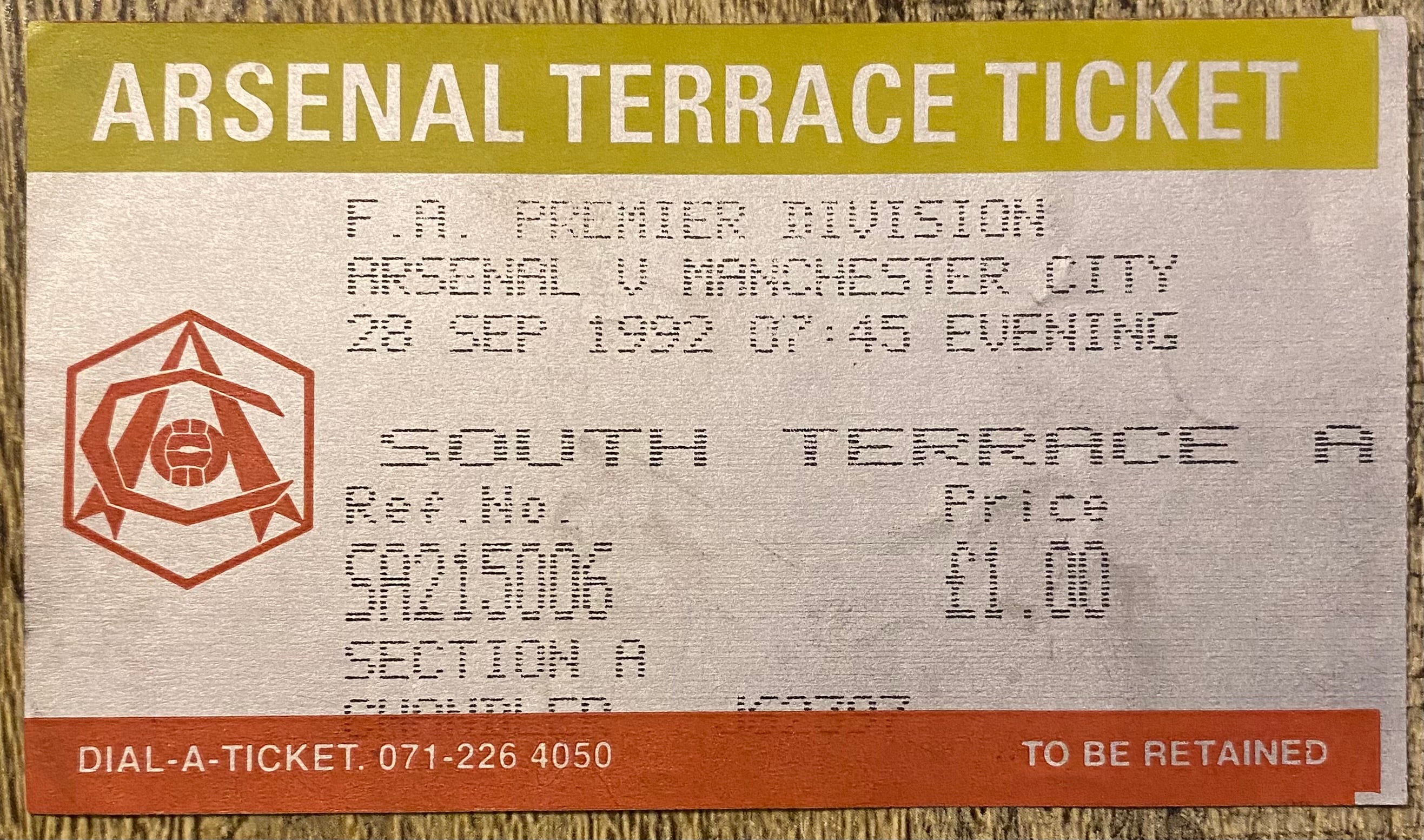 1992/93  ORIGINAL PREMIER LEAGUE TICKET ARSENAL V MANCHESTER CITY