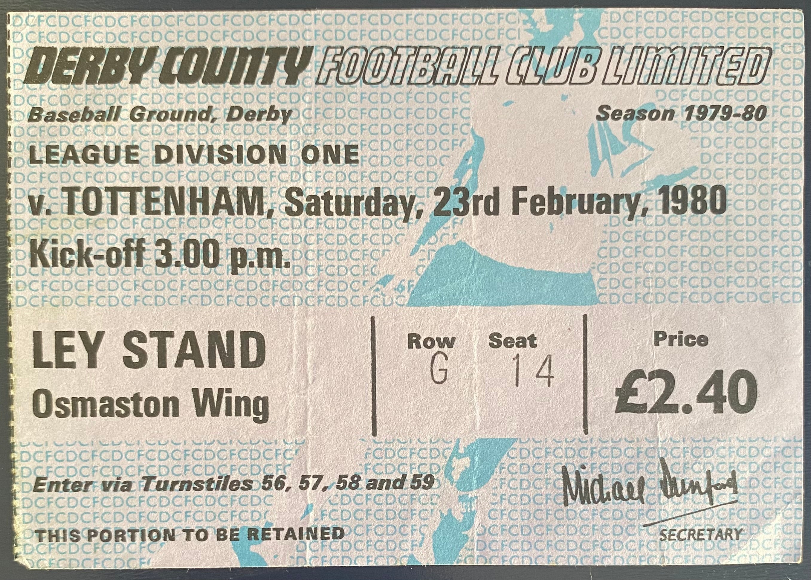 1979/80 ORIGINAL DIVISION 1 TICKET DERBY COUNTY V TOTTENHAM HOTSPUR