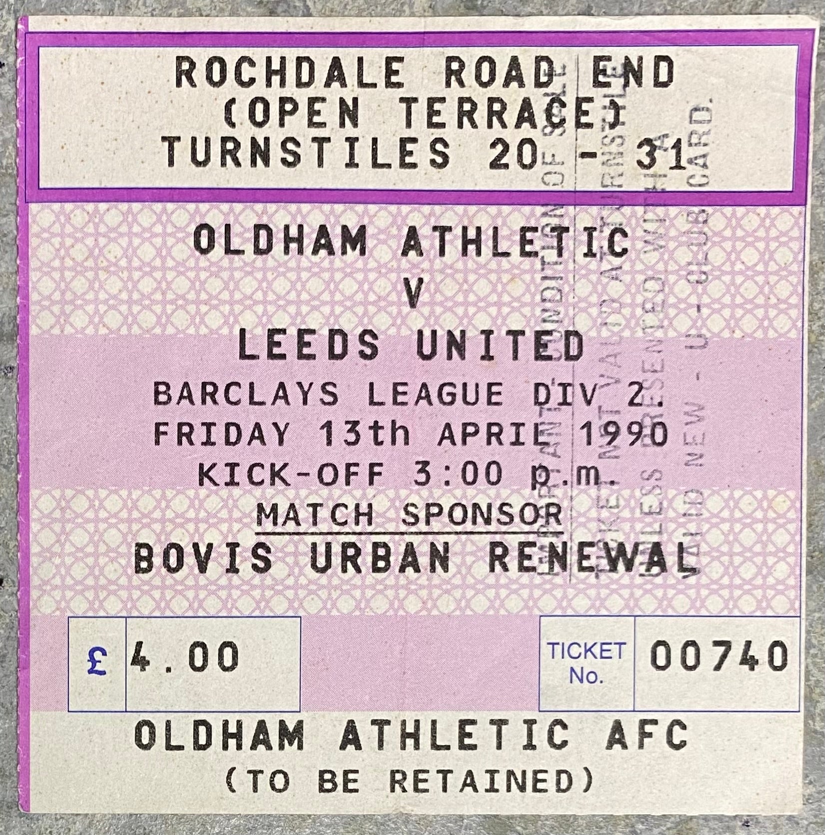 1989/90 ORIGINAL DIVISION TWO TICKET OLDHAM ATHLETIC V LEEDS UNITED