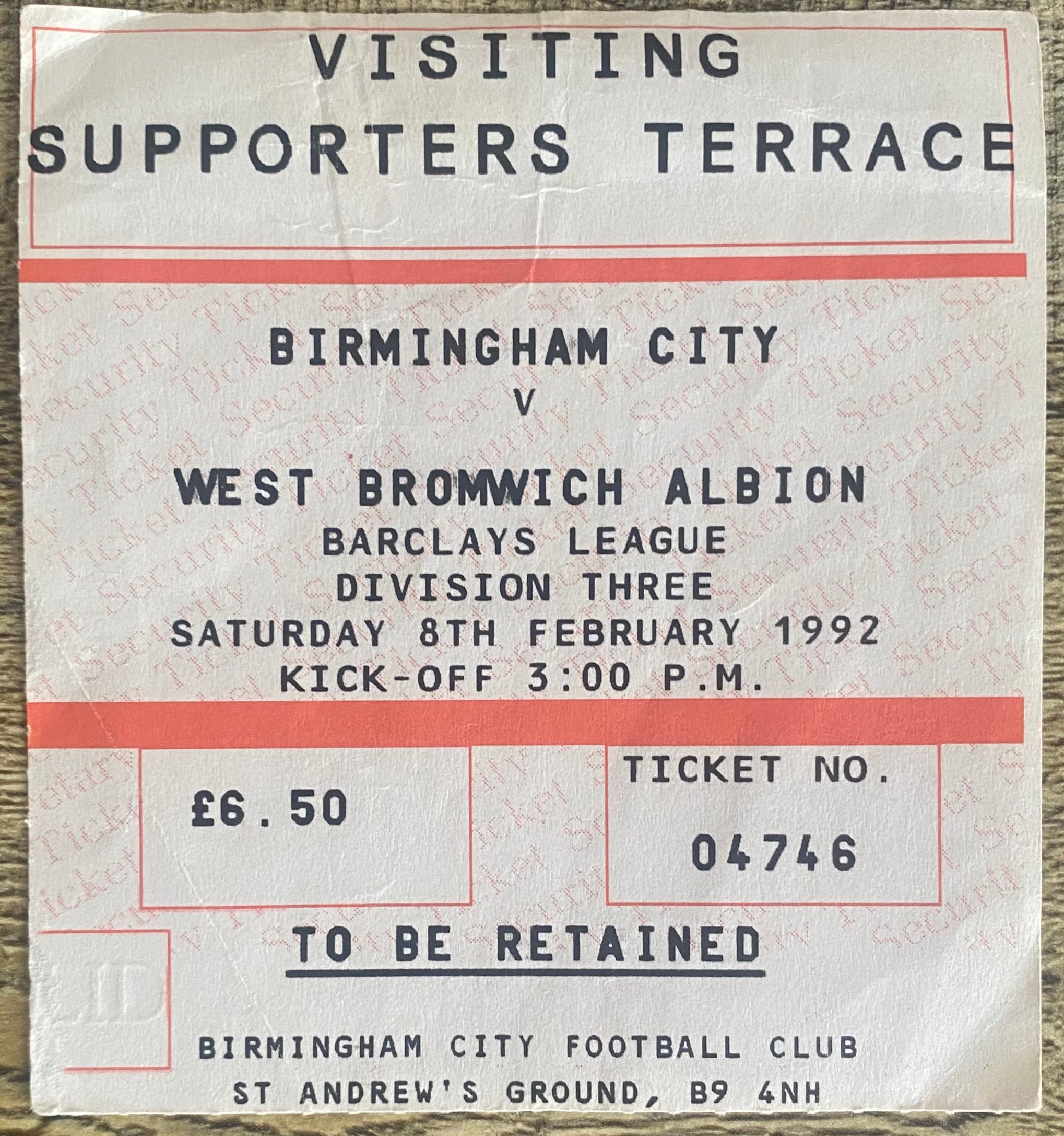 1991/92 ORIGINAL DIVISION 3 TICKET BIRMINGHAM CITY V WEST BROMWICH ALBION
