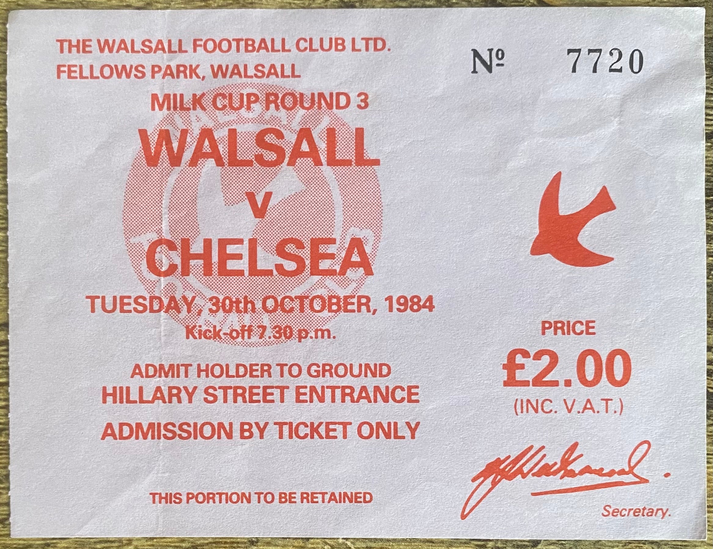 1984/85 ORIGINAL MILK CUP 3RD ROUND 1ST LEG TICKET WALSALL V CHELSEA