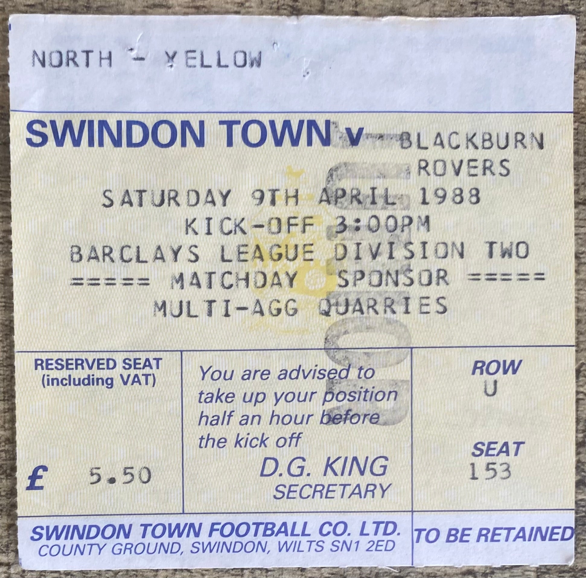 1987/88 ORIGINAL DIVISION 2 TICKET SWINDON TOWN V BLACKBURN ROVERS