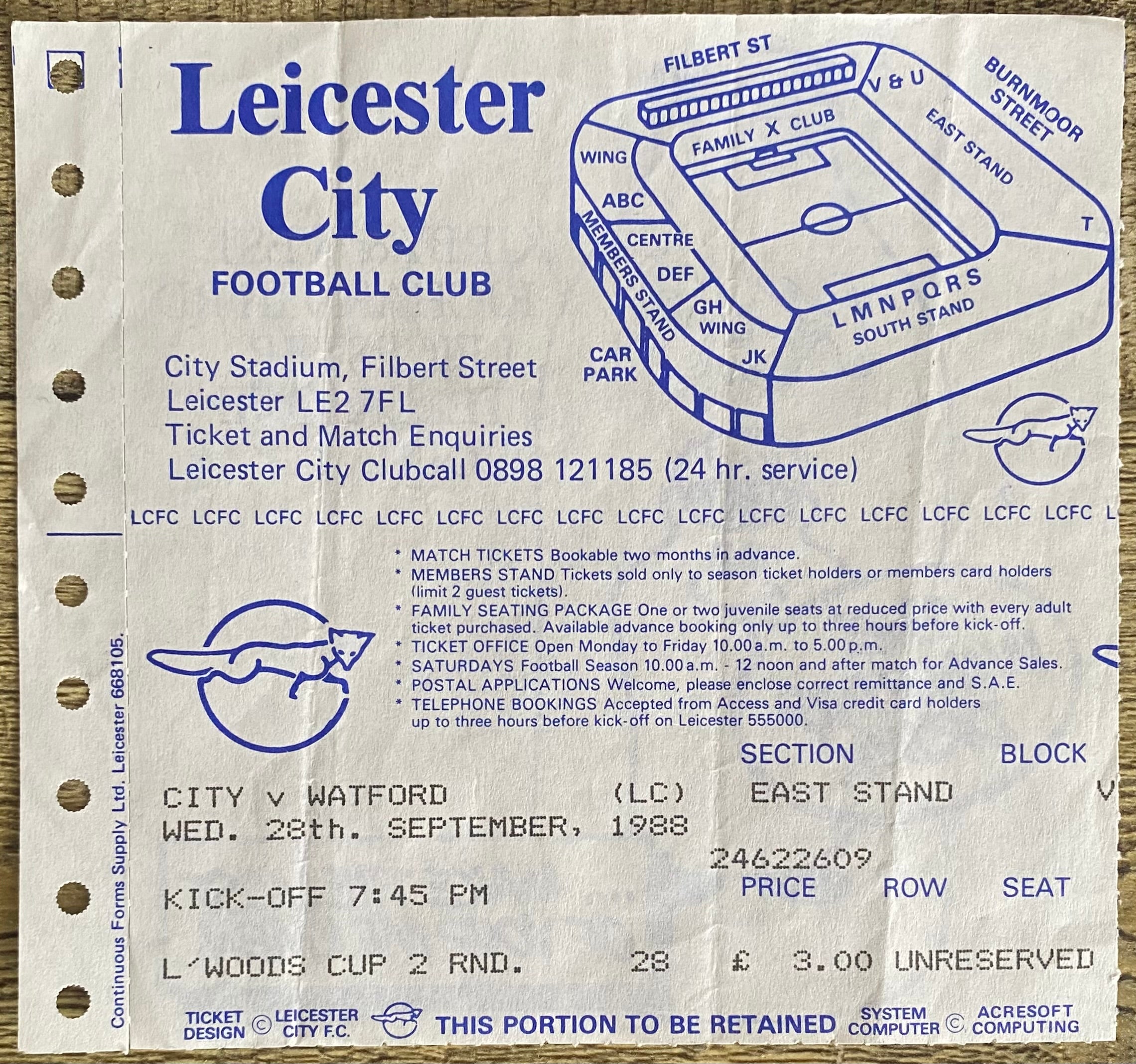 1988/89 ORIGINAL LITTLEWOODS CUP 2ND ROUND 1ST LEG TICKET LEICESTER CITY V WATFORD