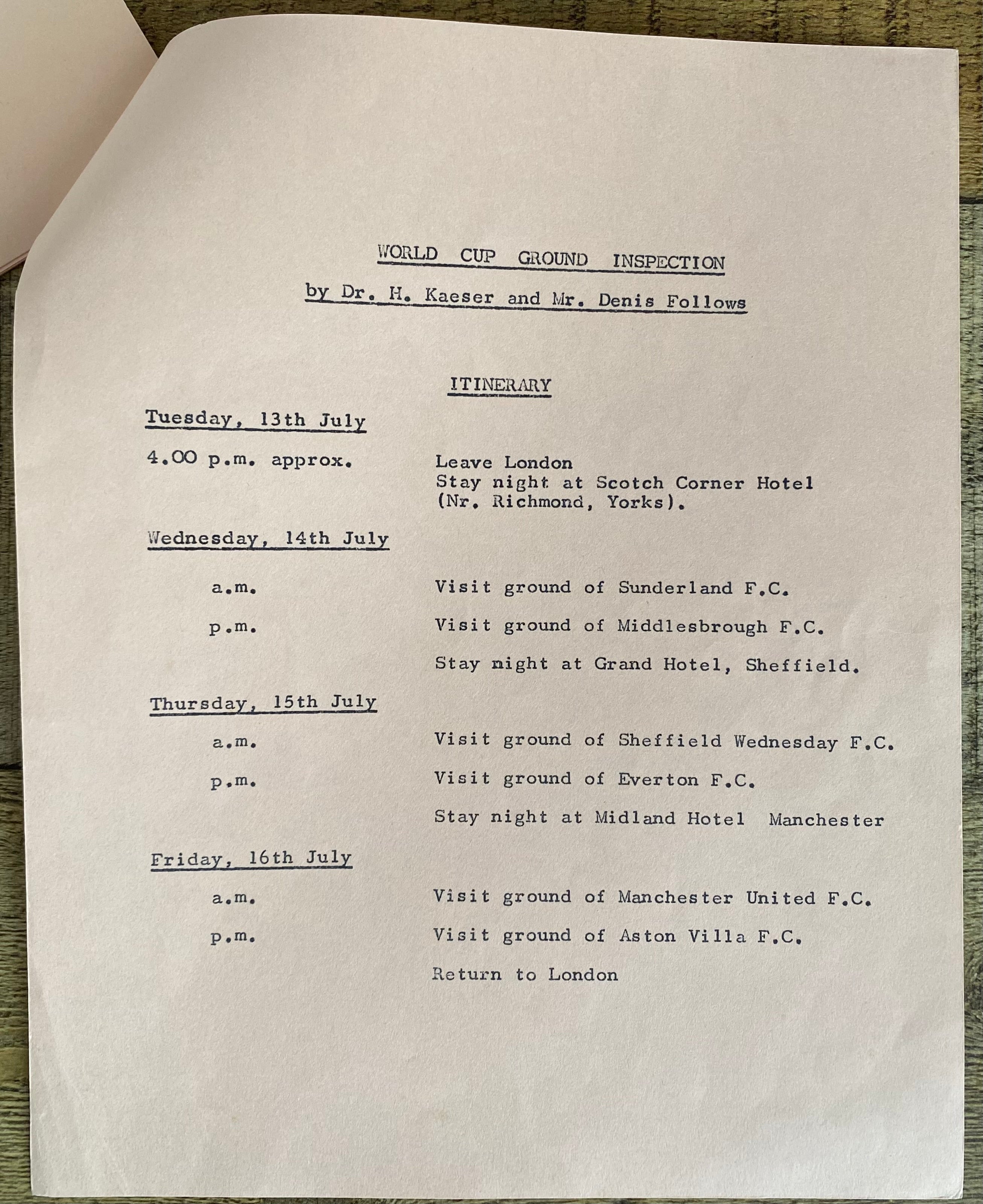 1966 WORLD CUP ORGANISATION ORIGINAL OFFICIAL PRESS CONFERENCE AGENDA JULY 1965 (6 PAGES)