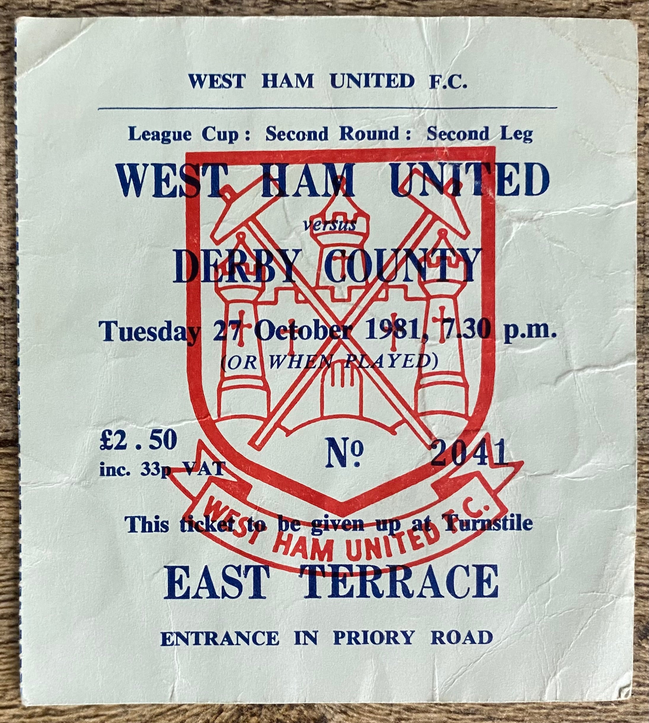 1981/82 ORIGINAL LEAGUE CUP 2ND ROUND 2ND LEG TICKET WEST HAM UNITED V DERBY COUNTY