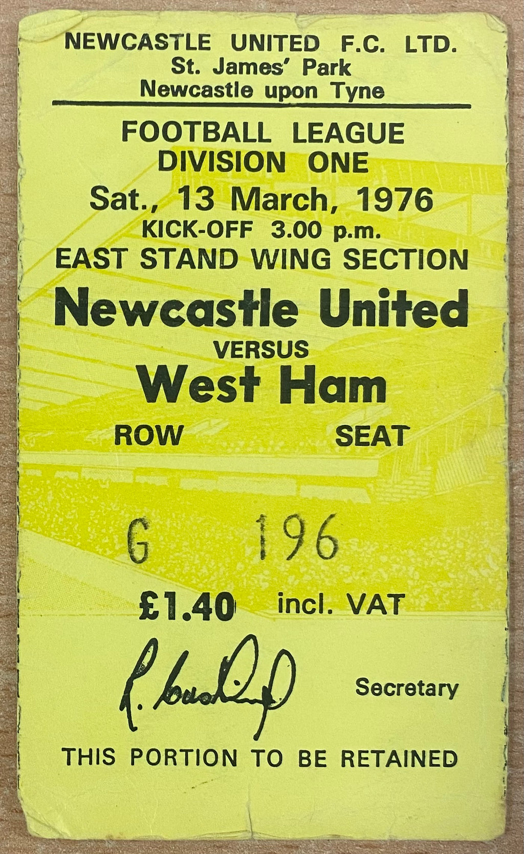 1975/76 ORIGINAL DIVISION 1 TICKET NEWCASTLE UNITED V WEST HAM UNITED
