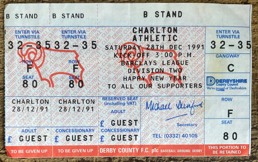 1991/92 ORIGINAL DIVISION 2 UNUSED TICKET DERBY COUNTY V CHARLTON ATHLETIC