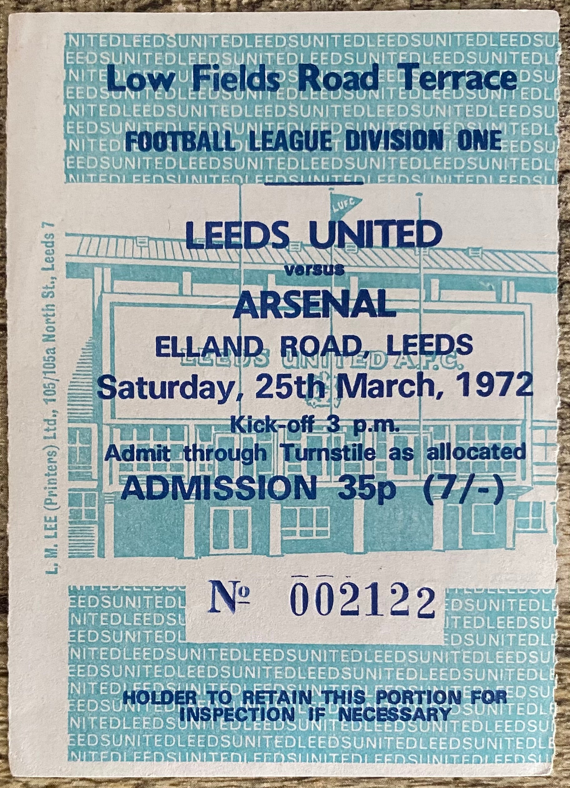 1971/72 ORIGINAL DIVISION ONE TICKET LEEDS UNITED V ARSENAL