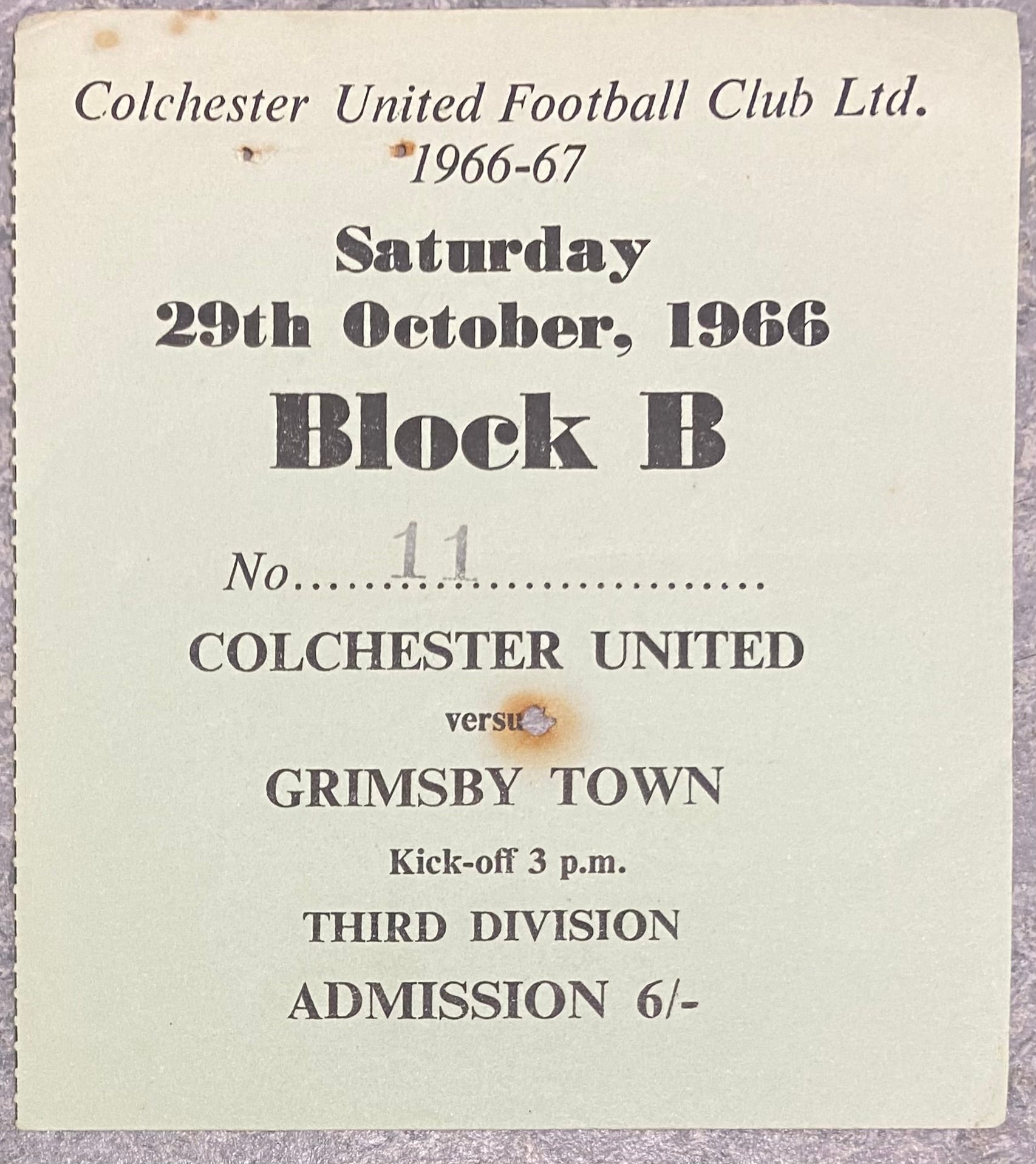 1966/67 ORIGINAL DIVISION 3 TICKET COLCHESTER UNITED V GRIMSBY TOWN