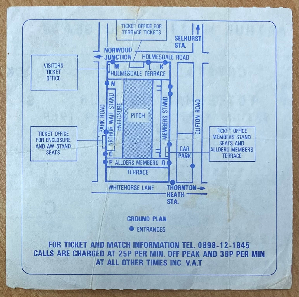 1989/90 ORIGINAL DIVISION ONE TICKET CRYSTAL PALACE V TOTTENHAM HOTSPUR