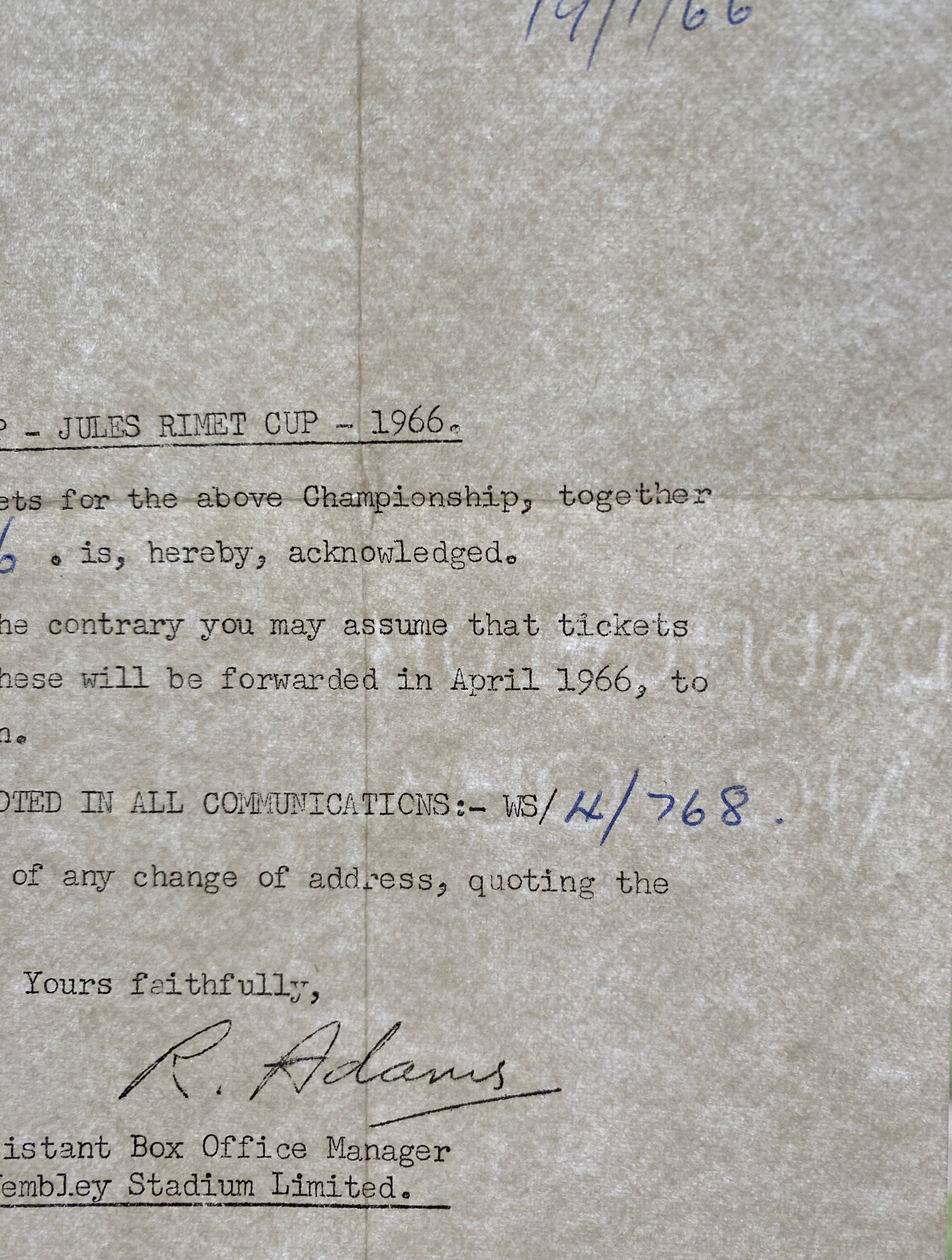 1966 WORLD CUP ORIGINAL OFFICIAL LETTER (WEMBLEY TICKET SALES) JAN 1966 & ORIGINAL ENVELOPE