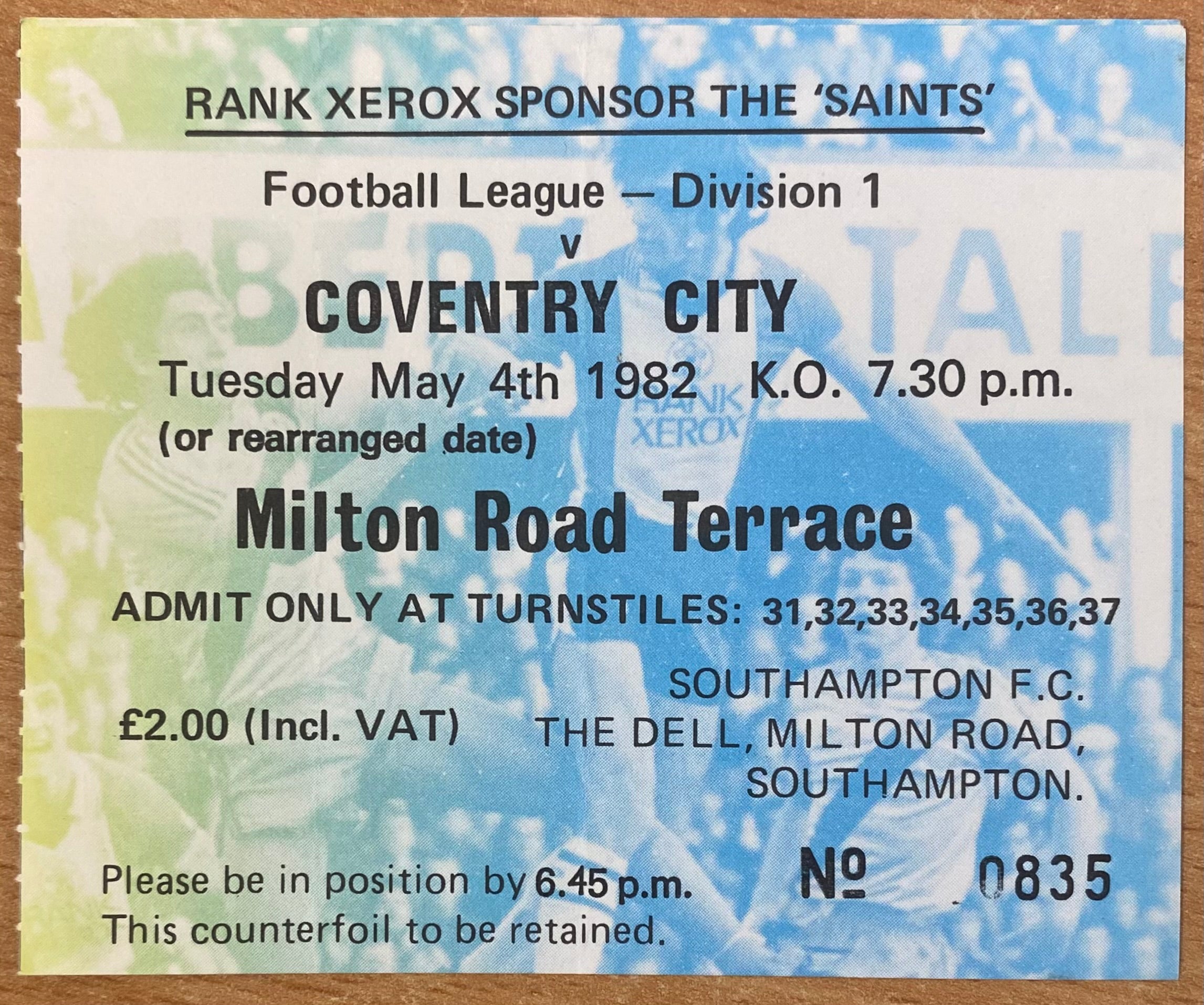 1981/82 ORIGINAL DIVISION ONE TICKET SOUTHAMPTON V COVENTRY CITY