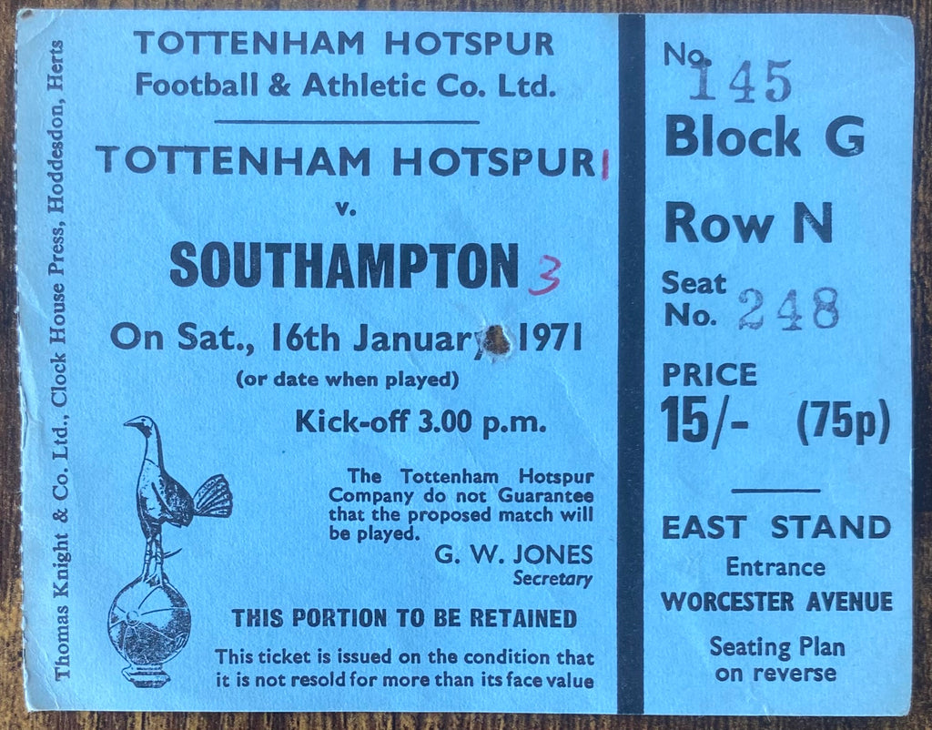 1970/71 ORIGINAL DIVISION ONE TICKET TOTTENHAM HOTSPUR V SOUTHAMPTON
