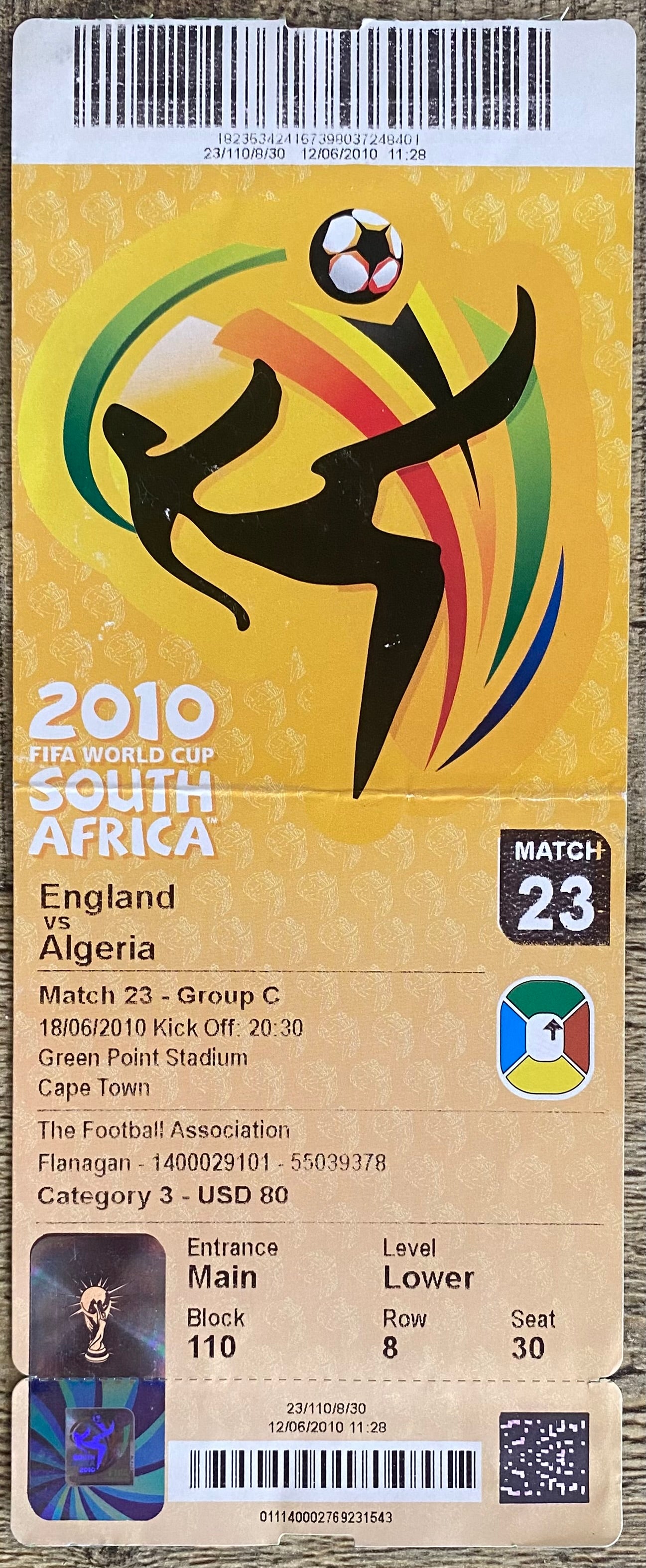 2010 ORIGINAL WORLD CUP 1ST ROUND TICKET ENGLAND V ALGERIA @ CAPE TOWN
