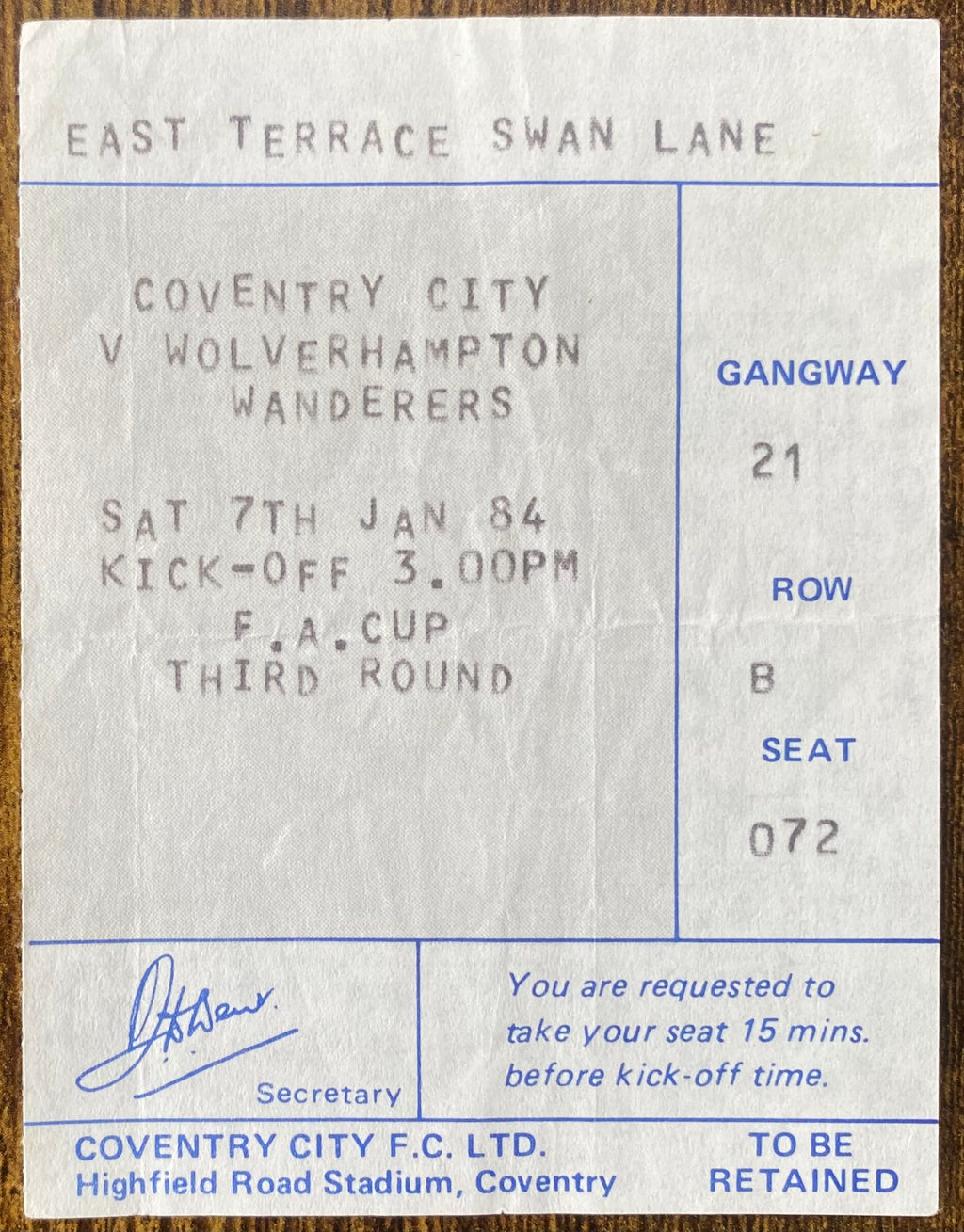 1983/84 ORIGINAL FA CUP 3RD ROUND TICKET COVENTRY CITY V WOLVERHAMPTON WANDERERS