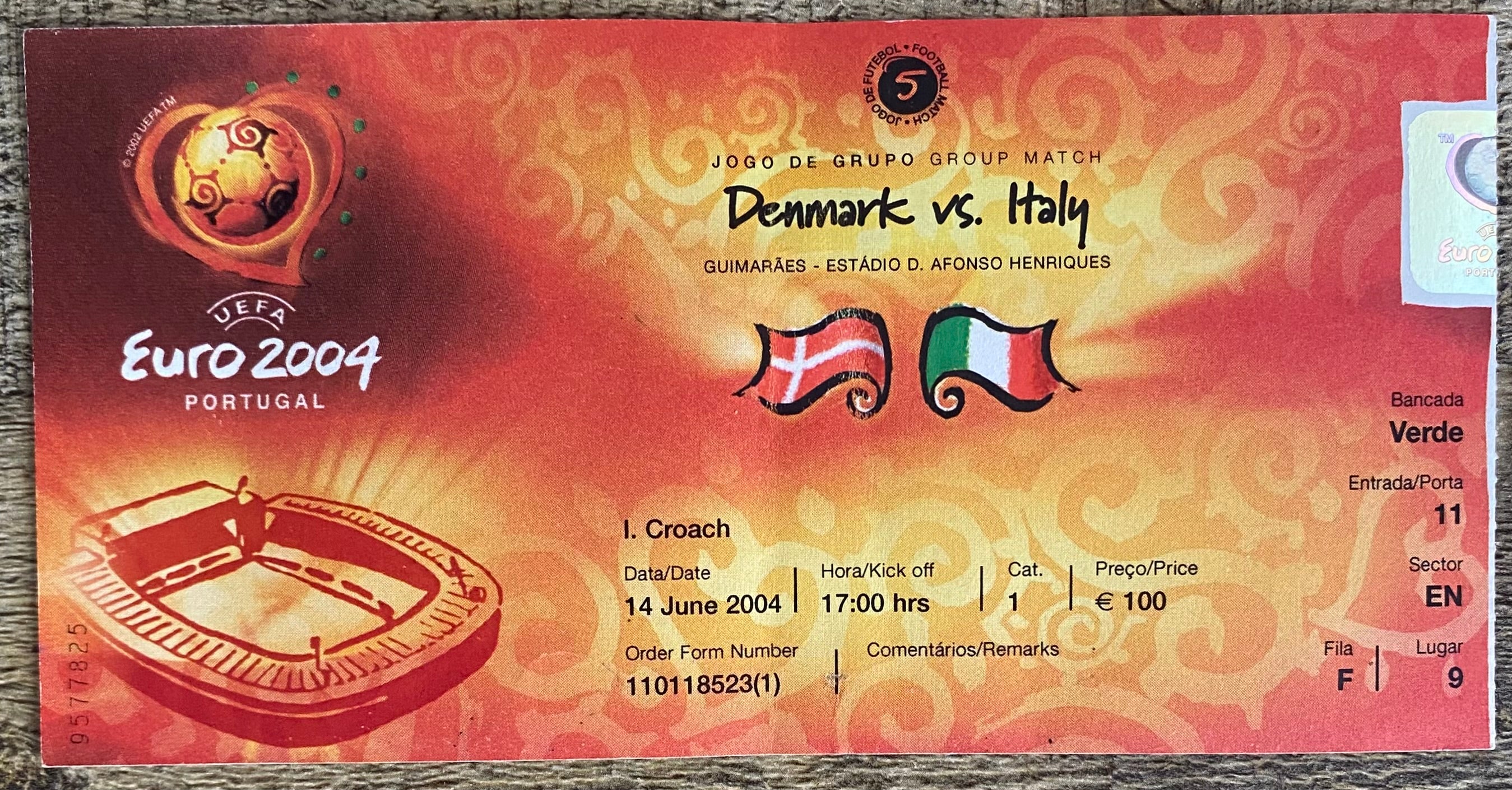2004 ORIGINAL EUROPEAN CHAMPIONSHIPS TICKET ITALY V DENMARK  @ GUIMARAES