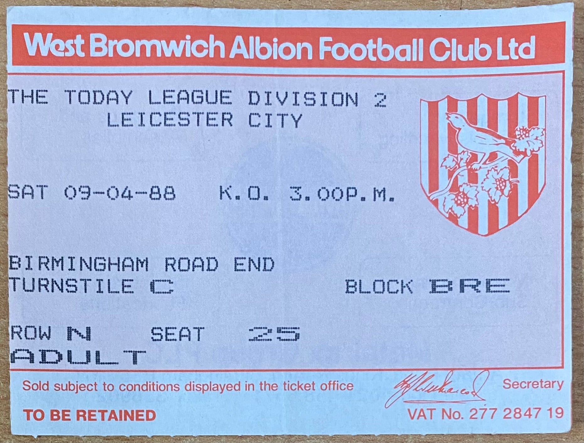 1987/88 ORIGINAL DIVISION 2 TICKET WEST BROMWICH ALBION V LEICESTER CITY