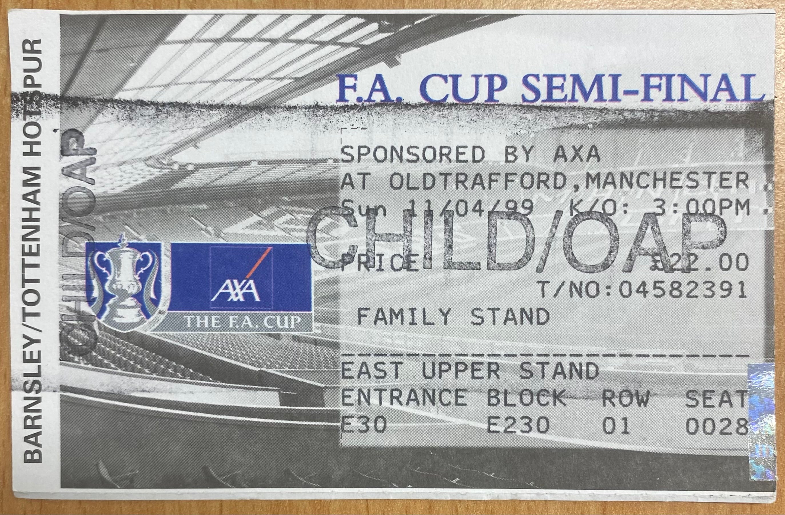1999 ORIGINAL FA CUP SEMI FINAL TICKET NEWCASTLE UNITED V TOTTENHAM HOTSPUR @ OLD TRAFFORD