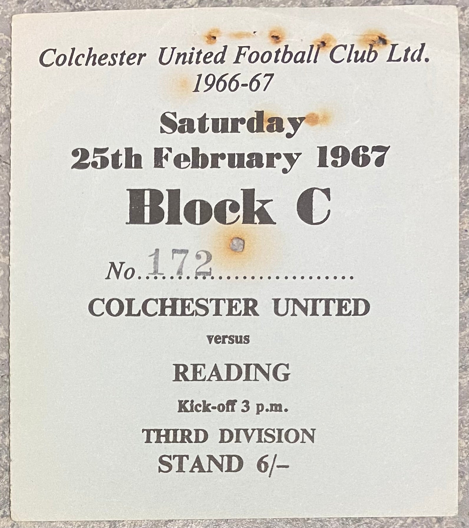 1966/67 ORIGINAL DIVISION 3 TICKET COLCHESTER UNITED V READING