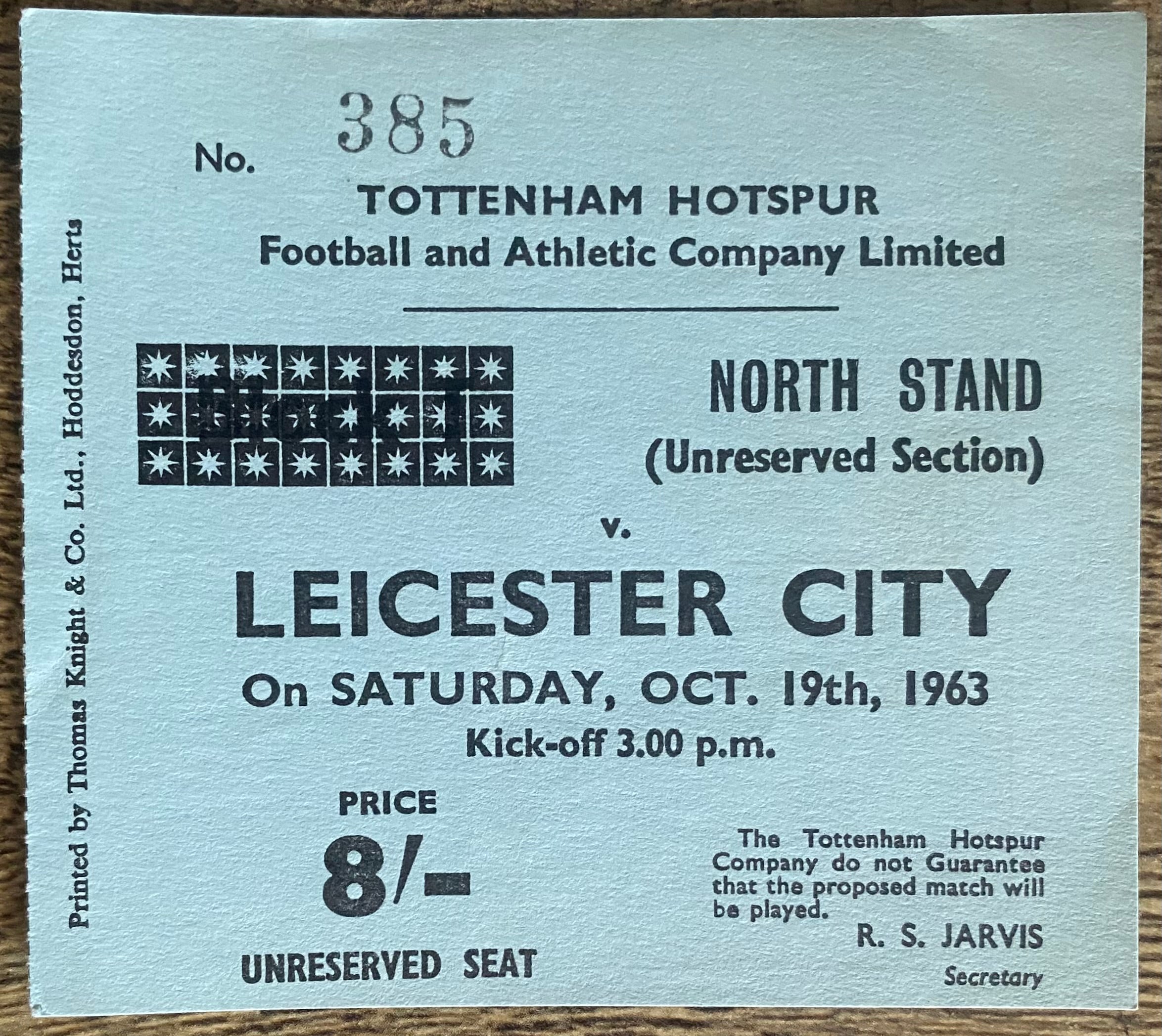 1963/64 ORIGINAL DIVISION ONE TICKET TOTTENHAM HOTSPUR V LEICESTER CITY