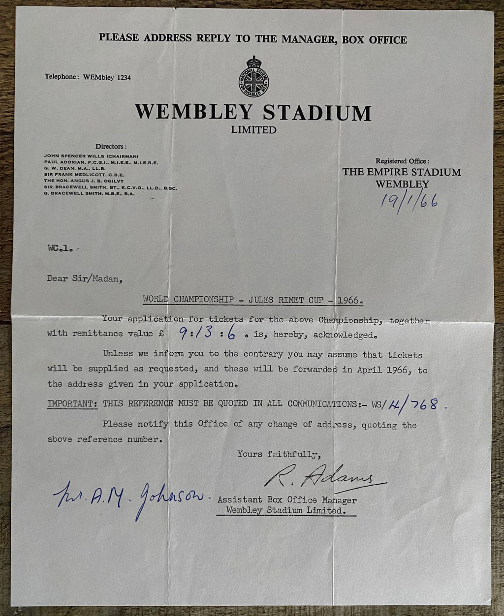 1966 WORLD CUP ORIGINAL OFFICIAL LETTER (WEMBLEY TICKET SALES) JAN 1966 & ORIGINAL ENVELOPE