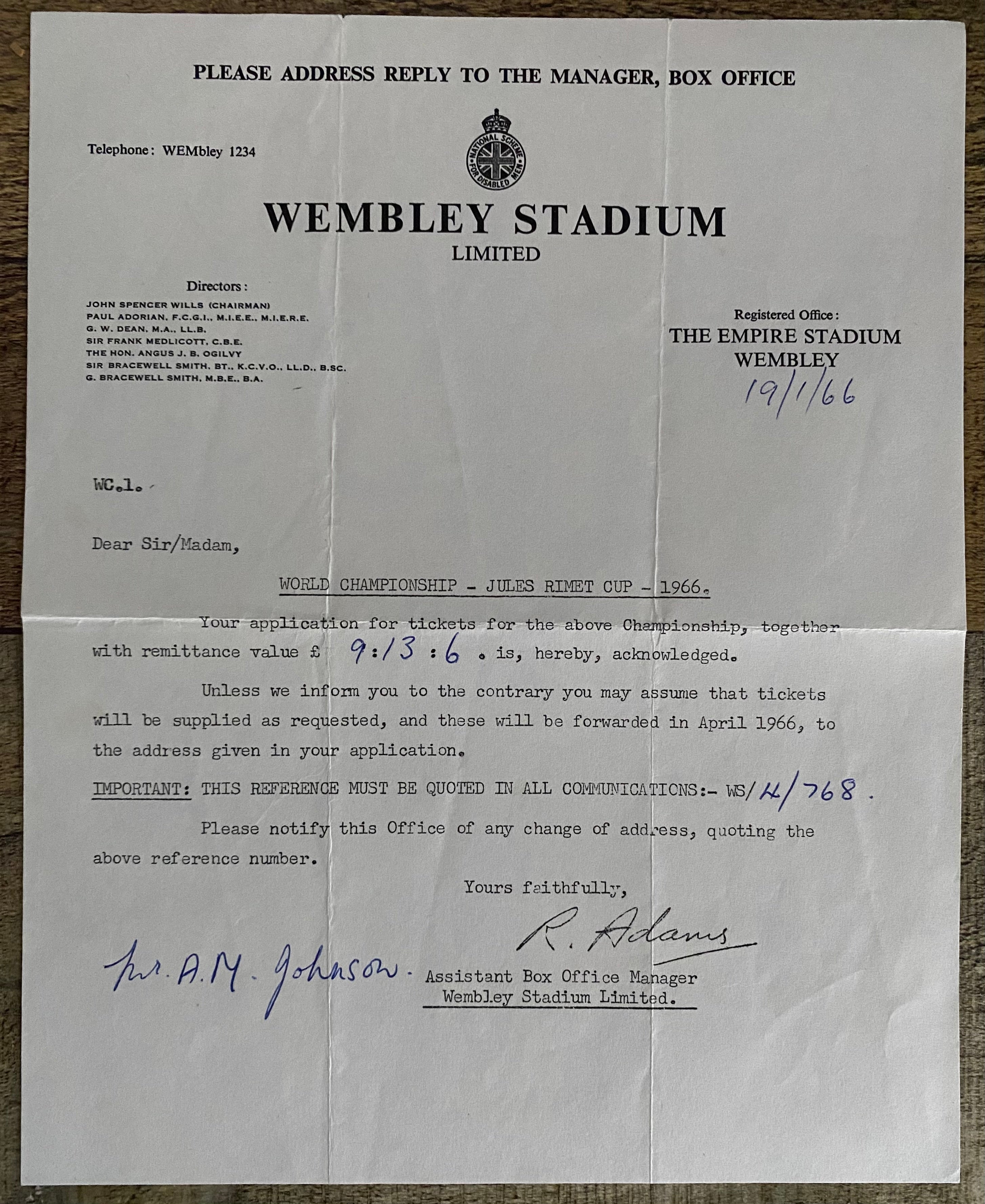 1966 WORLD CUP ORIGINAL OFFICIAL LETTER (WEMBLEY TICKET SALES) JAN 1966 & ORIGINAL ENVELOPE