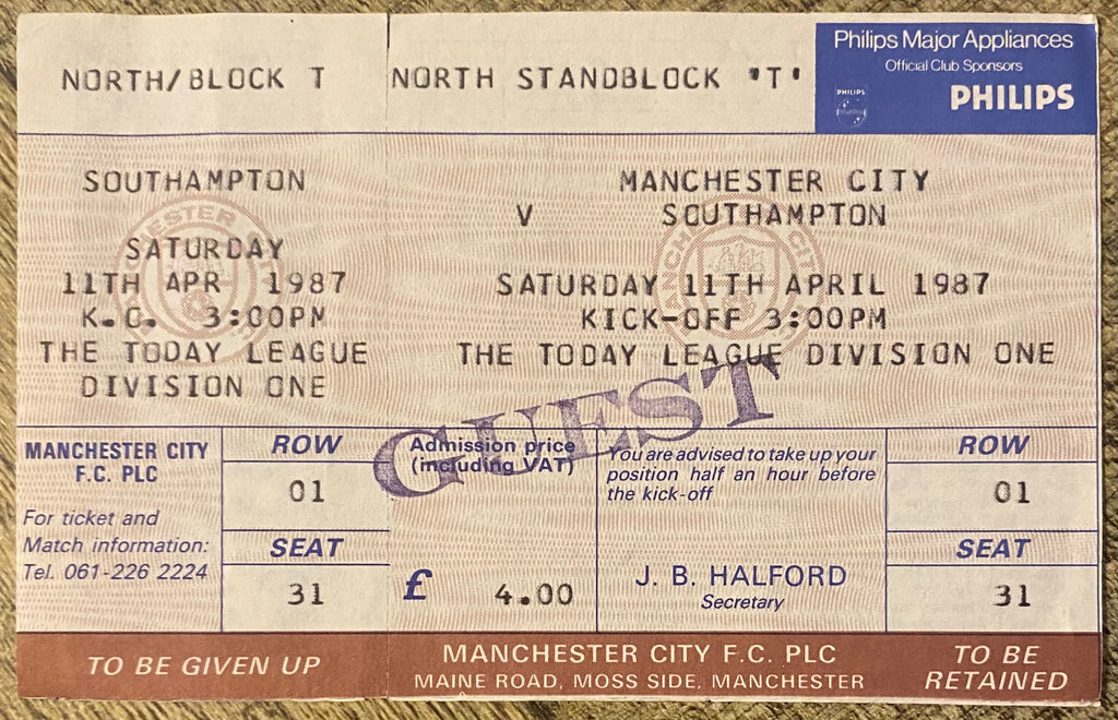 1986/87 ORIGINAL DIVISION 1 UNUSED TICKET MANCHESTER CITY V SOUTHAMPTON
