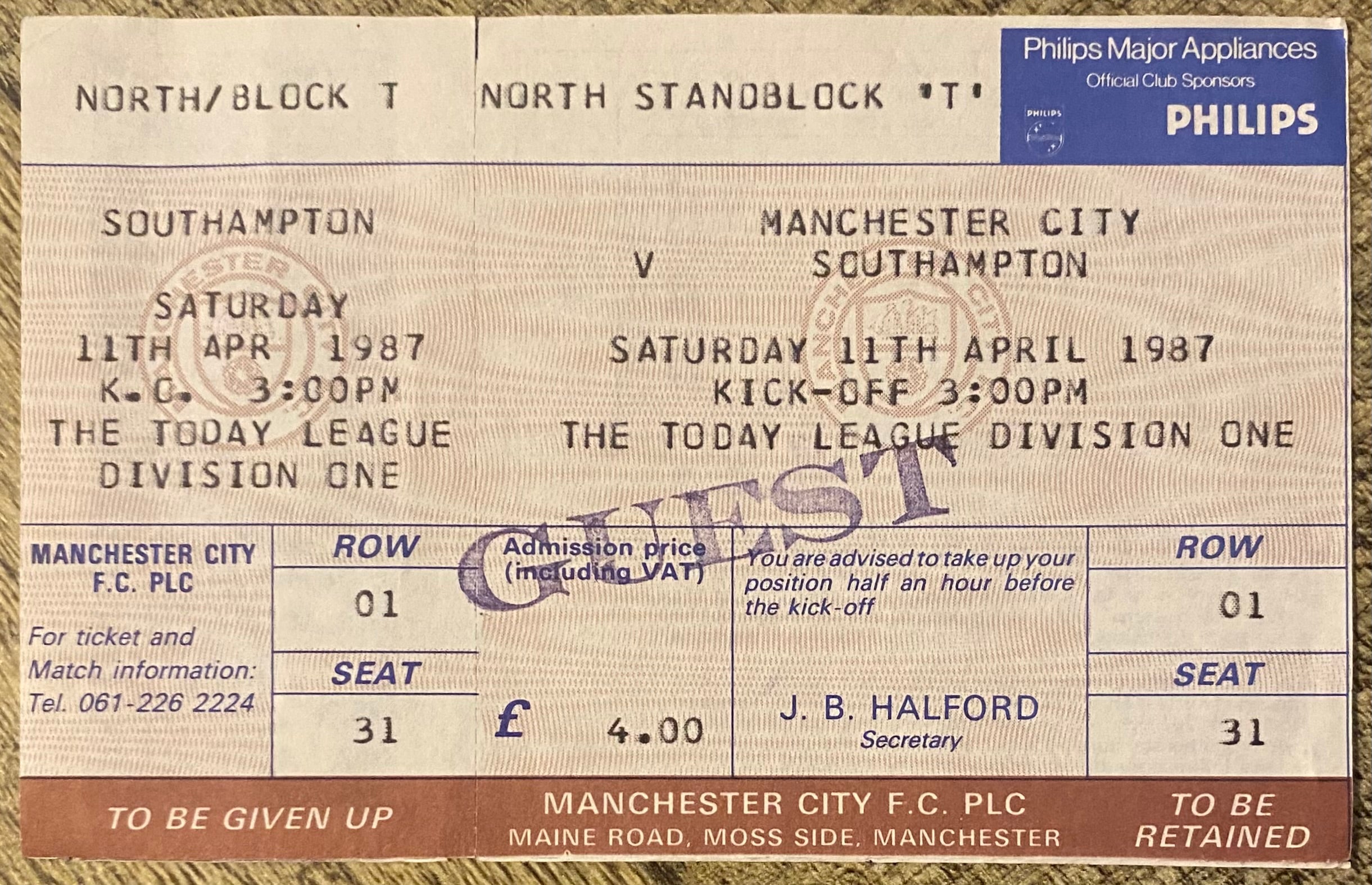 1986/87 ORIGINAL DIVISION 1 UNUSED TICKET MANCHESTER CITY V SOUTHAMPTON
