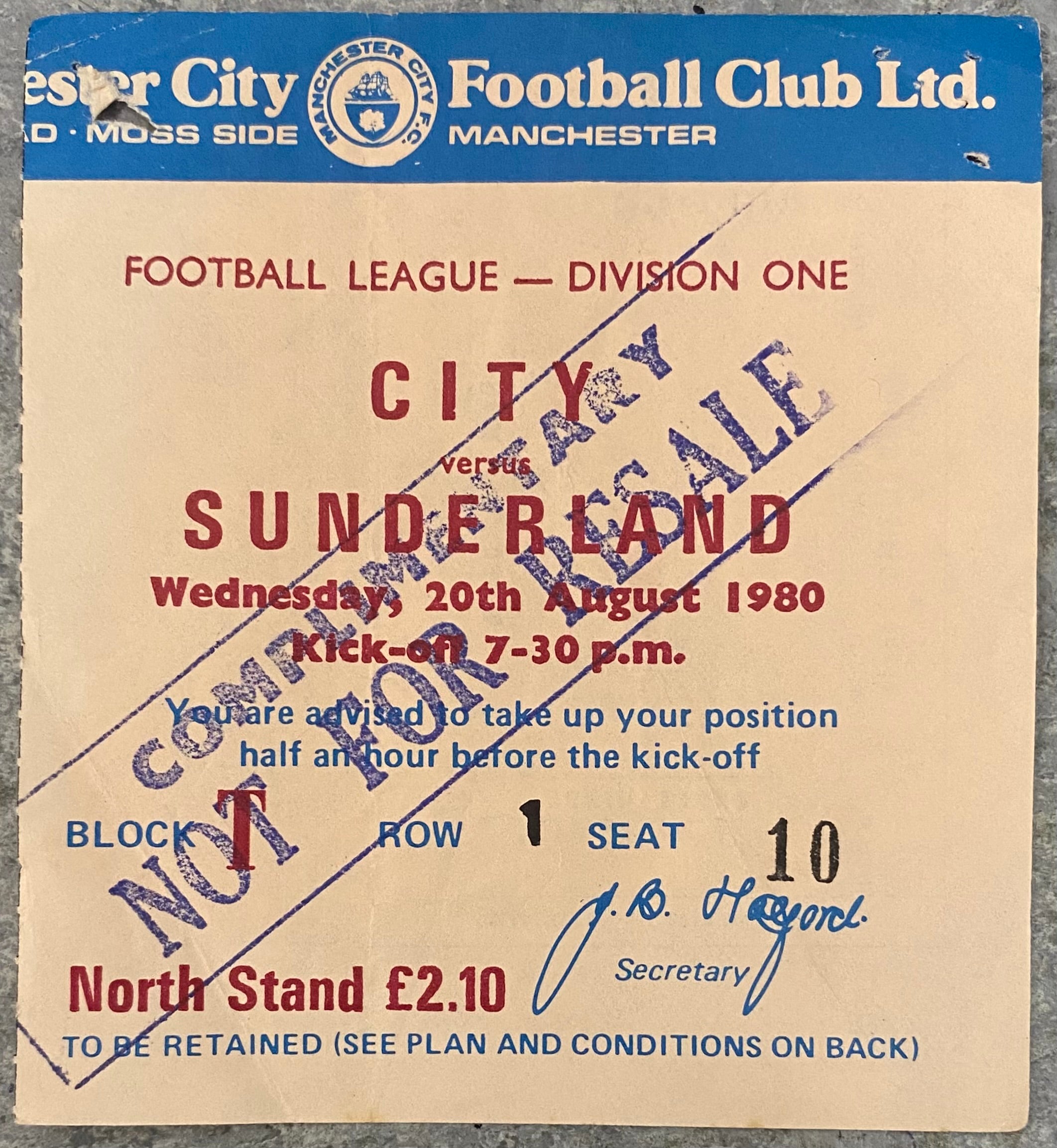 1980/81 ORIGINAL DIVISION 1 TICKET MANCHESTER CITY V SUNDERLAND