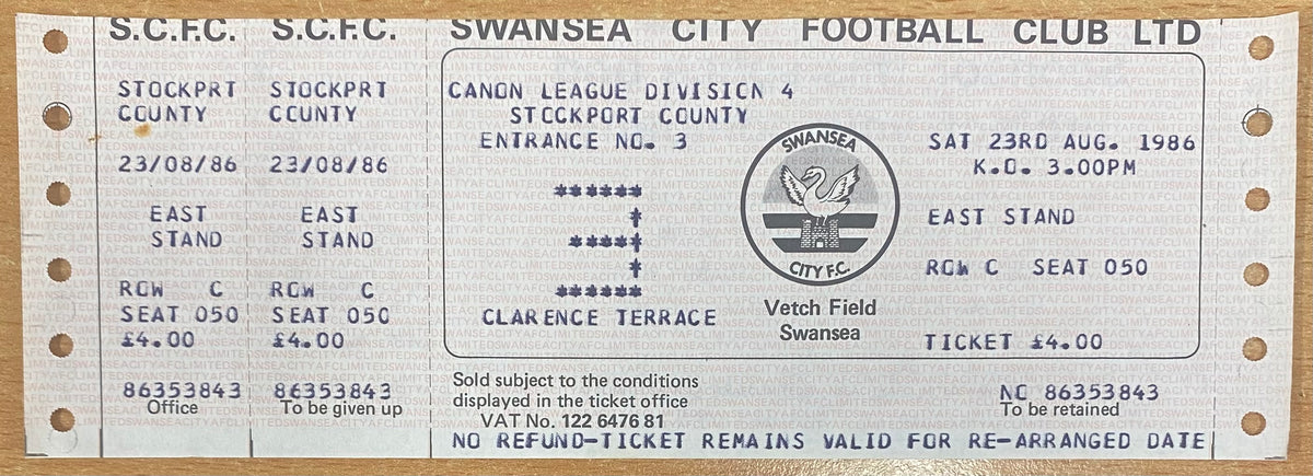 1986/87 ORIGINAL DIVISION 4 UNUSED TICKET SWANSEA CITY V STOCKPORT COUNTY