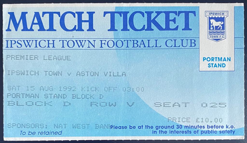 1992/93 ORIGINAL PREMIER LEAGUE TICKET IPSWICH TOWN V ASTON VILLA