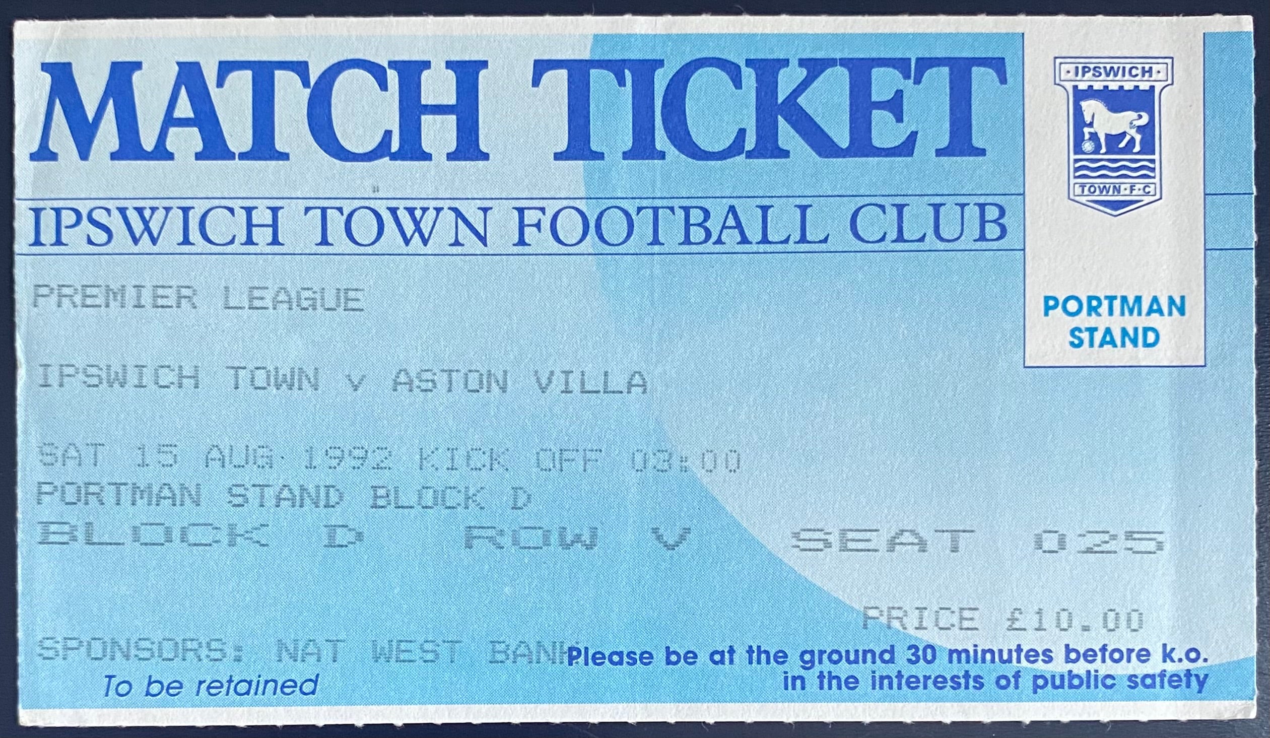 1992/93 ORIGINAL PREMIER LEAGUE TICKET IPSWICH TOWN V ASTON VILLA