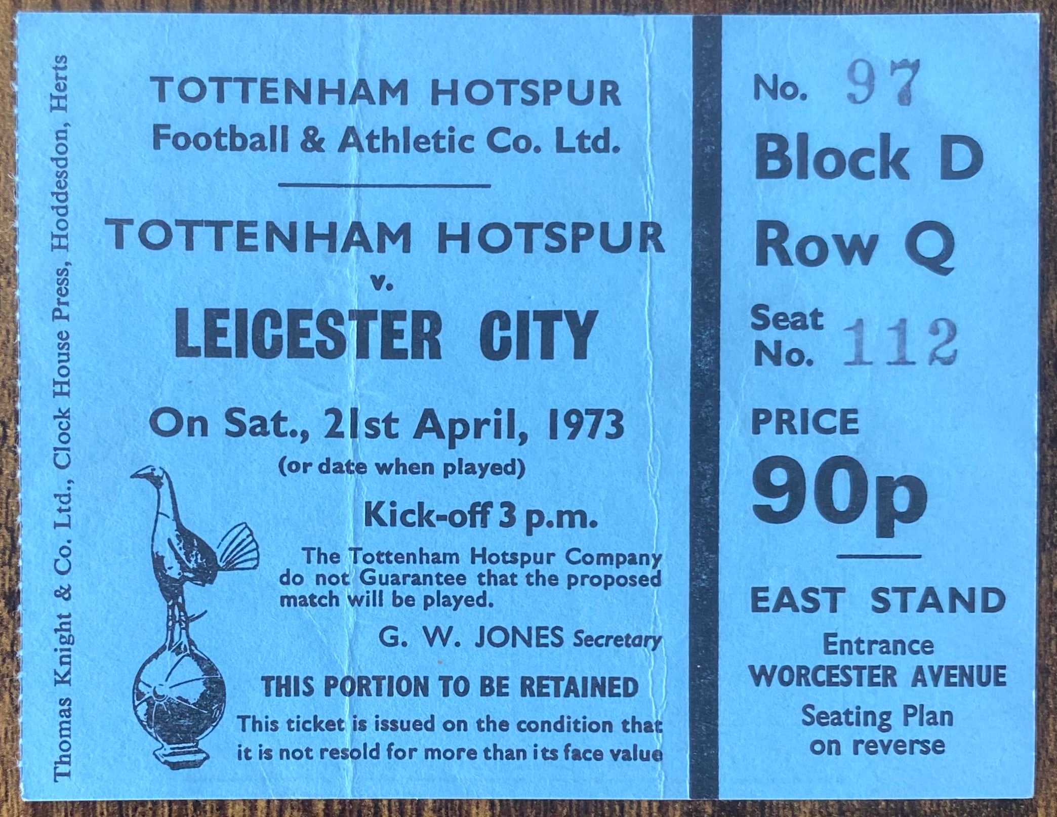 1972/73 ORIGINAL DIVISION ONE TICKET TOTTENHAM HOTSPUR V LEICESTER CITY