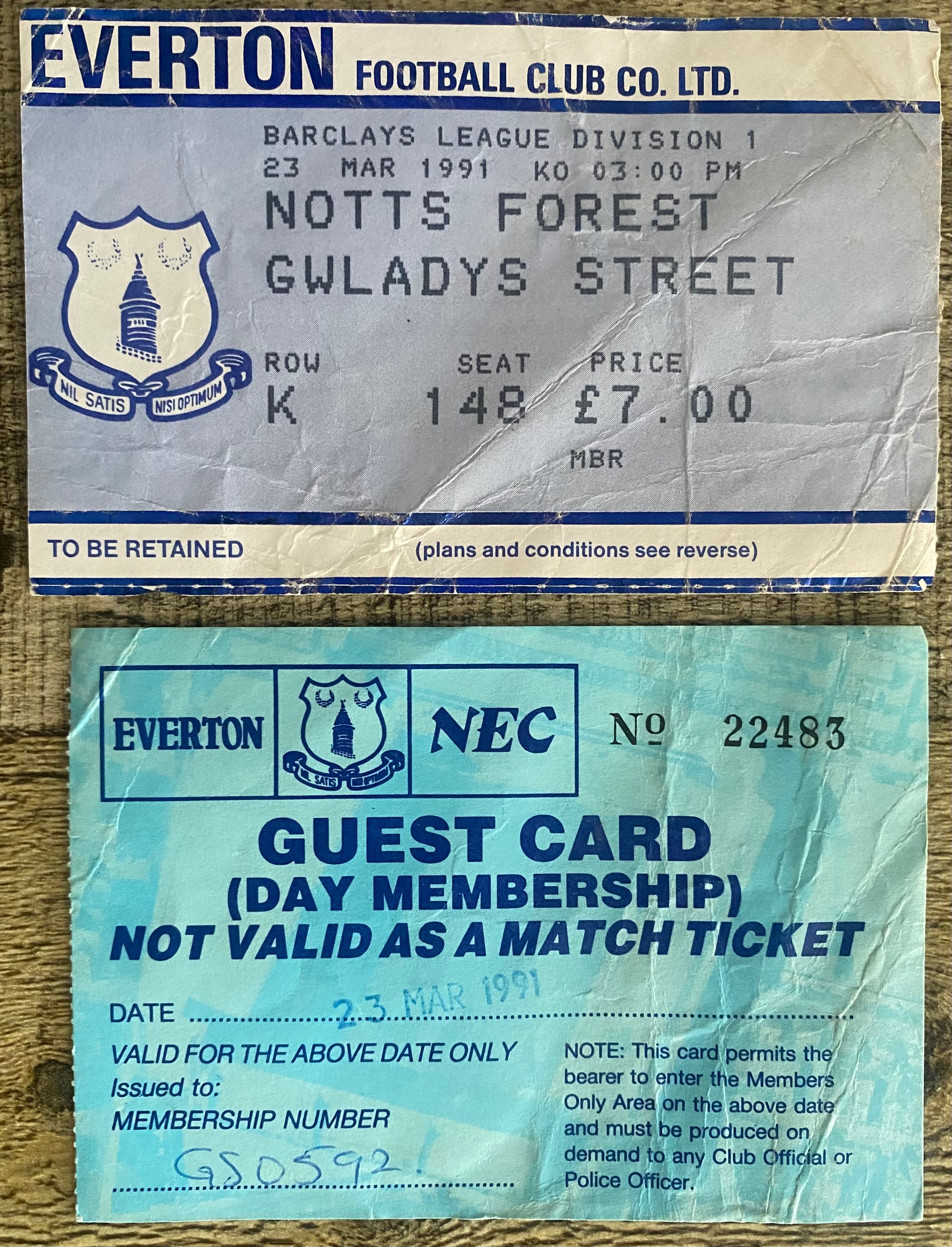 1990/91 ORIGINAL DIVISION ONE TICKET EVERTON V NOTTINGHAM FOREST + GUEST CARD