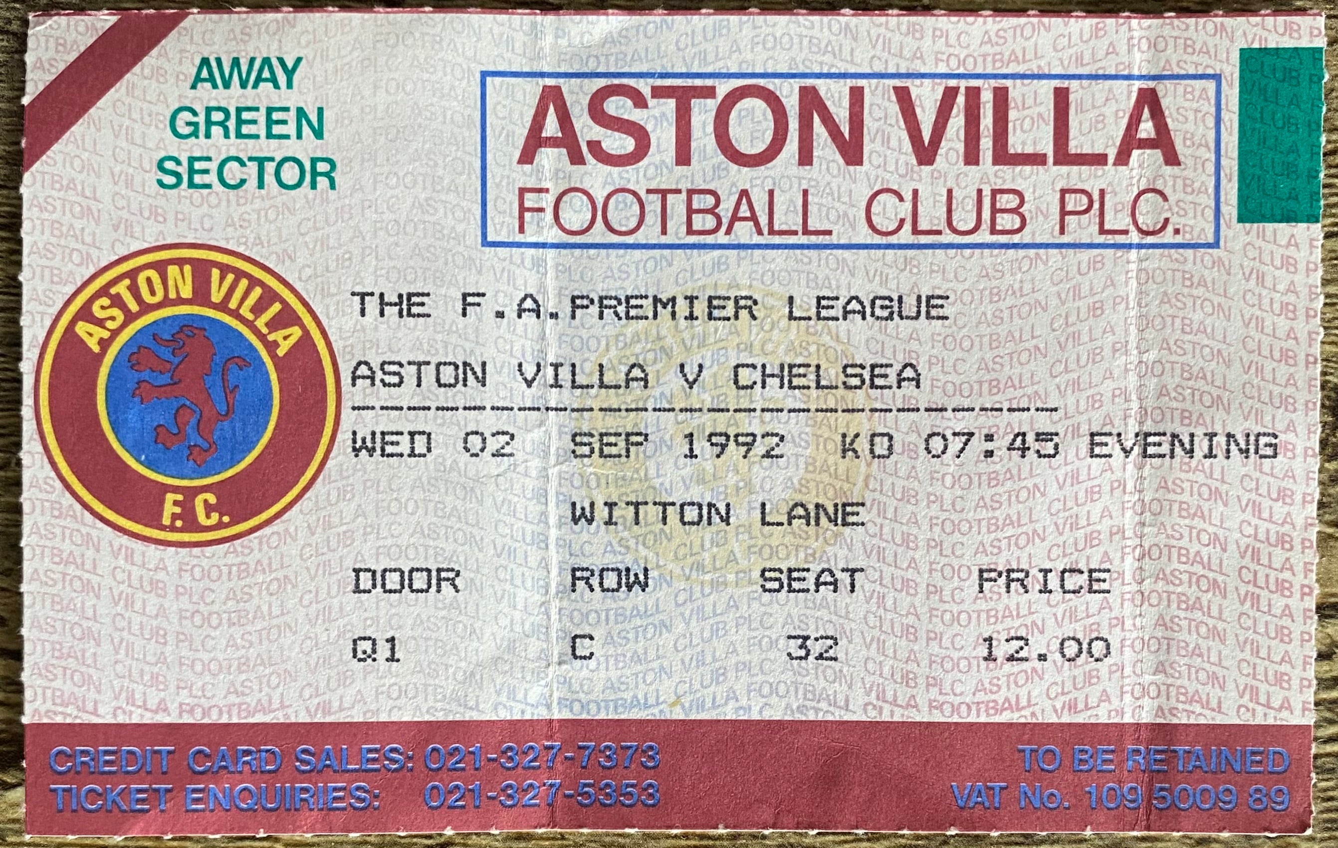 1992/93 ORIGINAL PREMIER LEAGUE TICKET ASTON VILLA V CHELSEA