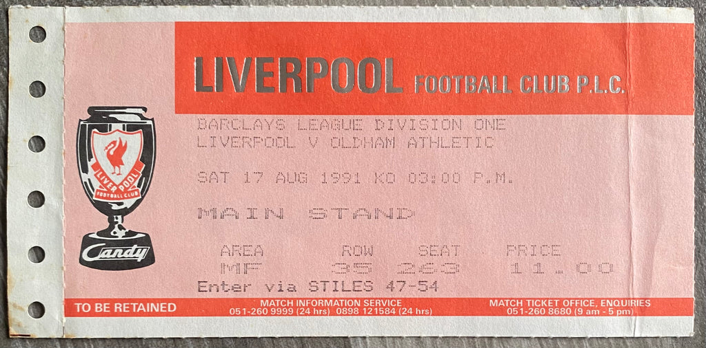 1991/92 ORIGINAL DIVISION 1 TICKET LIVERPOOL V OLDHAM ATHLETIC