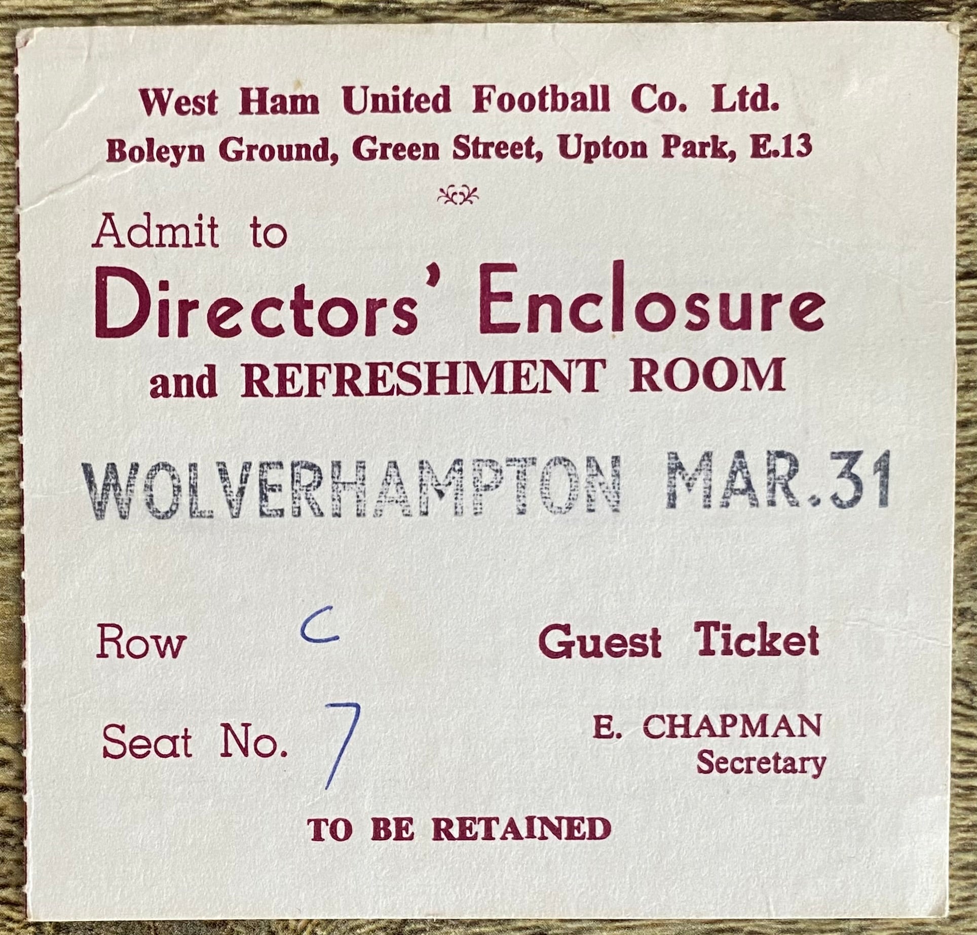 1969/70 ORIGINAL DIVISION ONE DIRECTORS TICKET WEST HAM UNITED V WOLVERHAMPTON WANDERERS