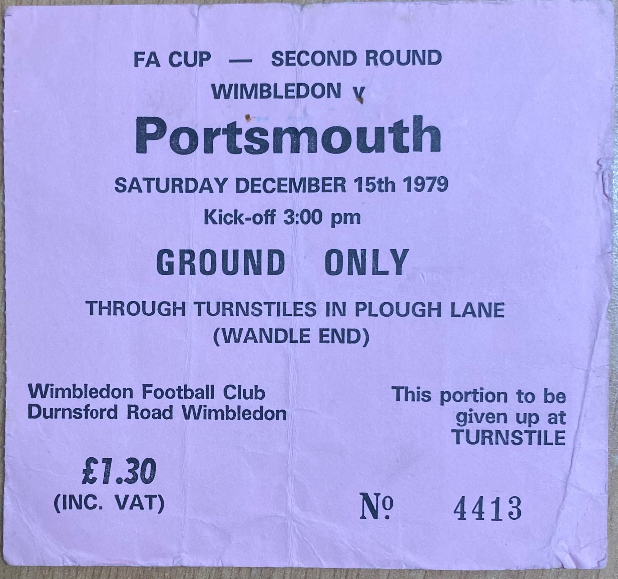 1979/80 ORIGINAL FA CUP 2ND ROUND TICKET WIMBLEDON V PORTSMOUTH