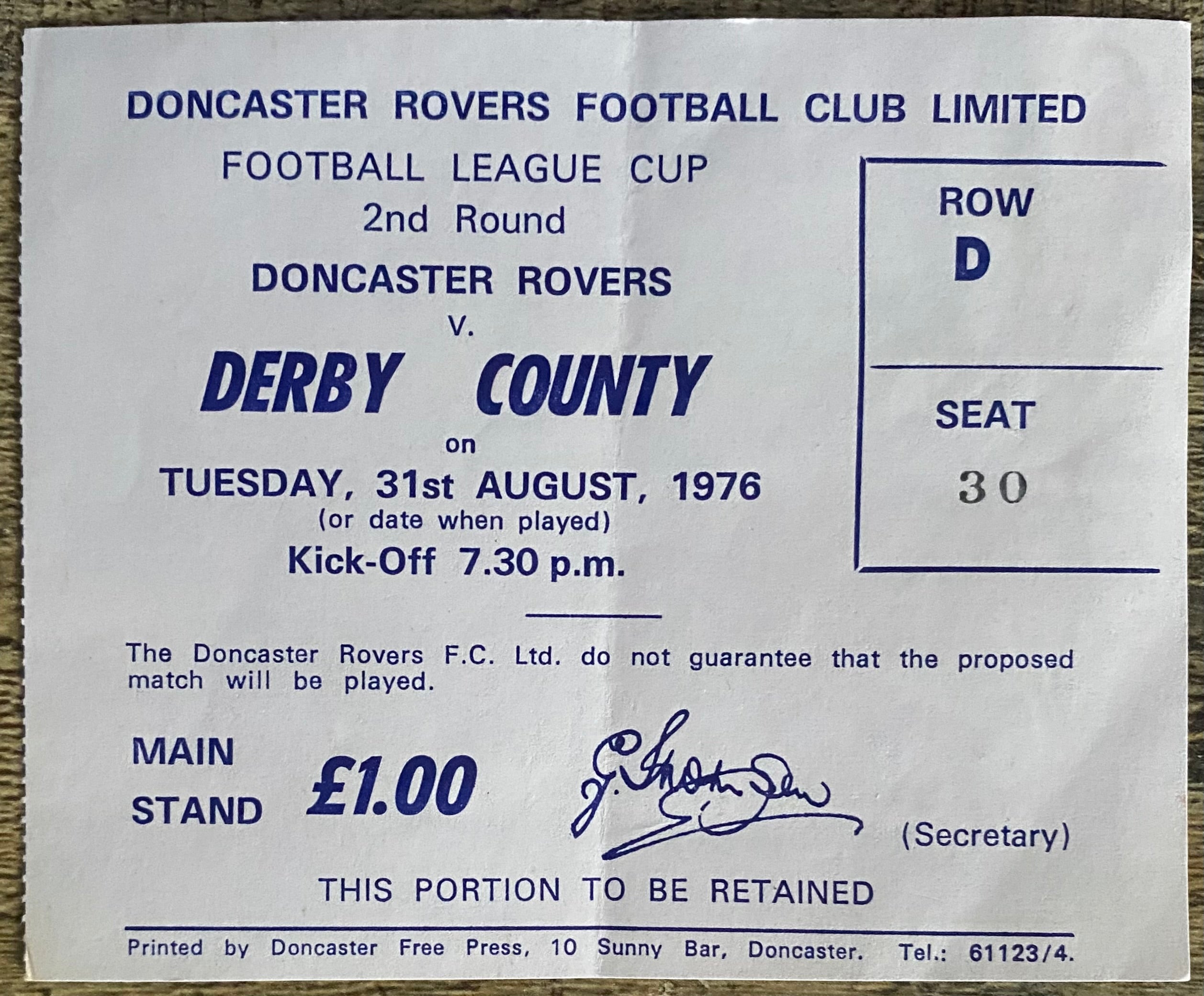 1976/77 ORIGINAL LEAGUE CUP 2ND ROUND TICKET DONCASTER ROVERS V DERBY COUNTY