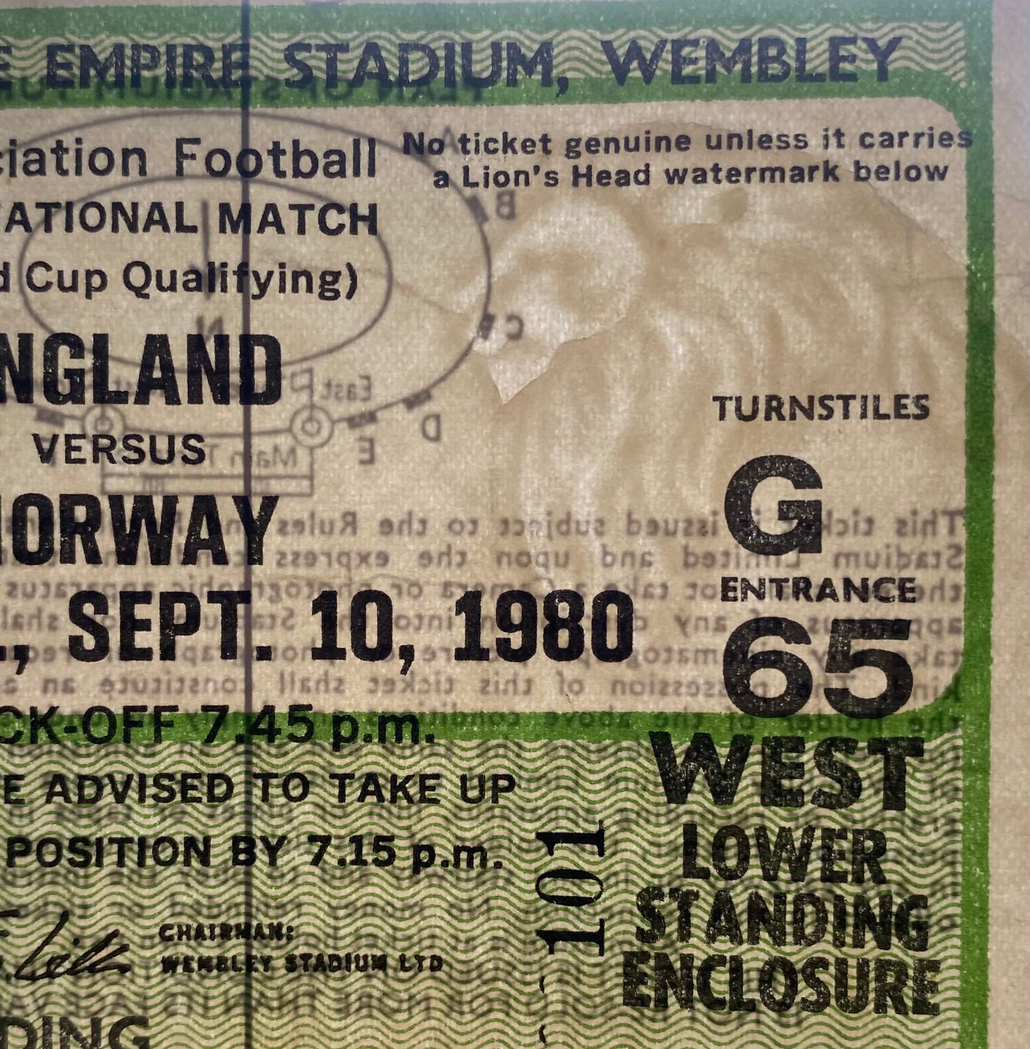 1980 ORIGINAL WORLD CUP QUALIFYING TICKET ENGLAND V NORWAY