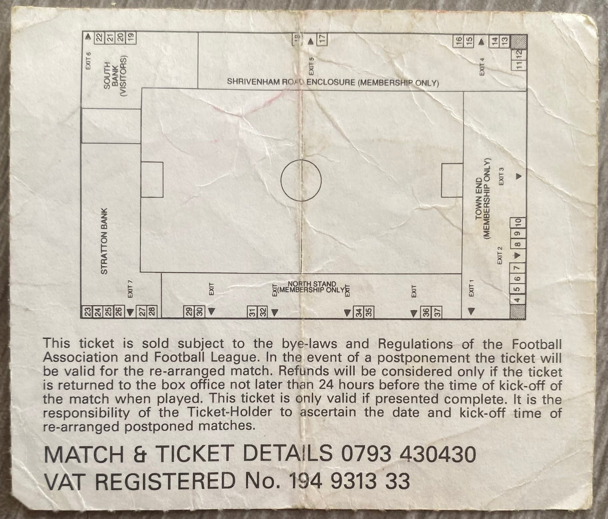 1991/92 ORIGINAL DIVISION 2 TICKET SWINDON TOWN V CHARLTON ATHLETIC