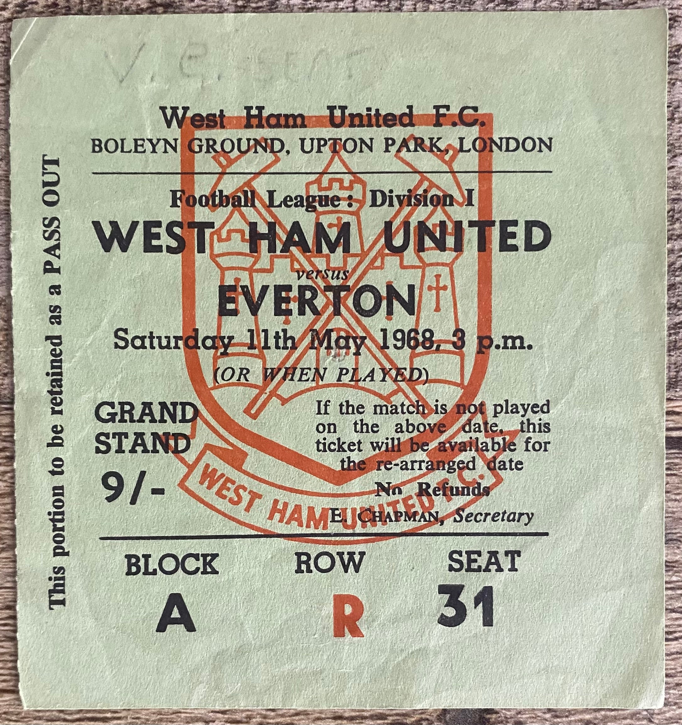 1967/68 ORIGINAL DIVISION 1 TICKET WEST HAM UNITED V EVERTON