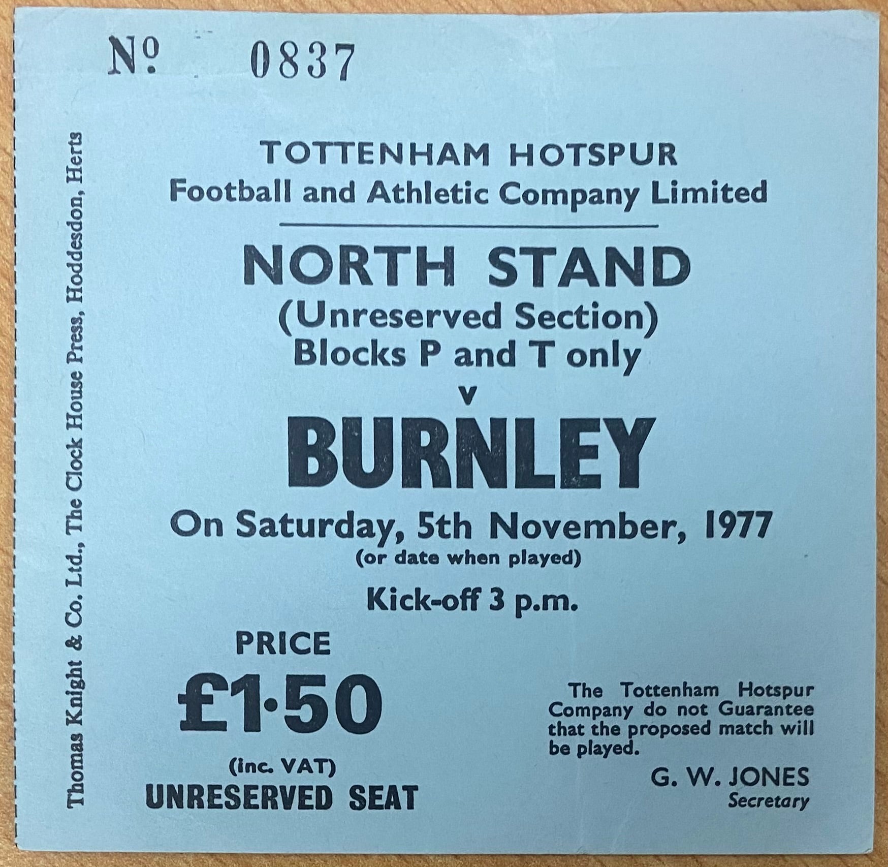 1977/78 ORIGINAL DIVISION TWO TICKET TOTTENHAM HOTSPUR V BURNLEY