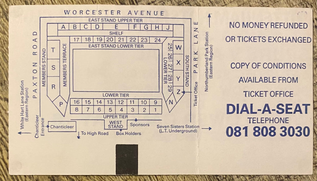 1992/93 ORIGINAL PREMIER LEAGUE TICKET TOTTENHAM HOTSPUR V ARSENAL