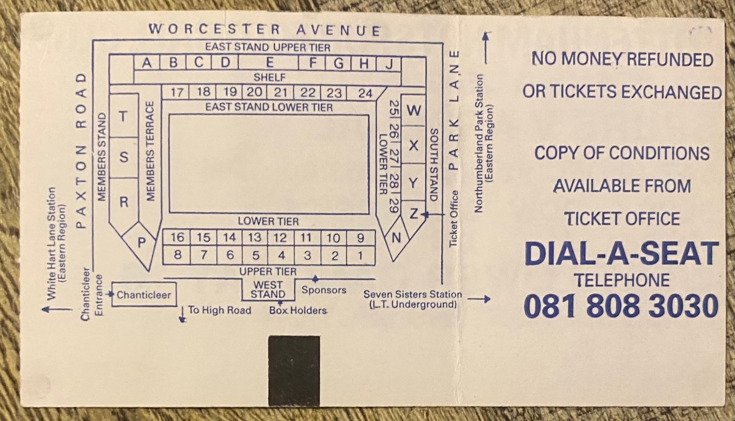 1992/93 ORIGINAL PREMIER LEAGUE TICKET TOTTENHAM HOTSPUR V ARSENAL