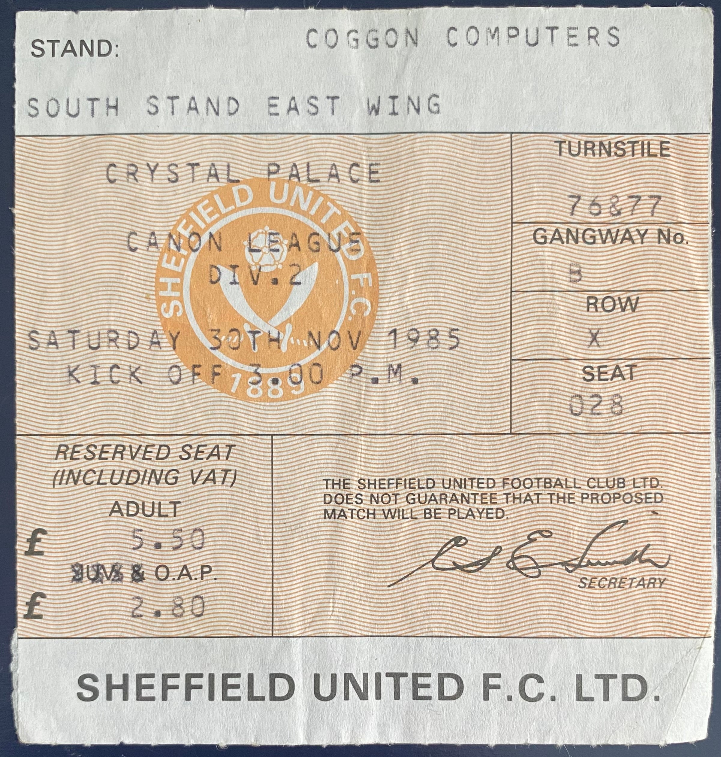 1985/86 ORIGINAL DIVISION 2  TICKET SHEFFIELD UNITED V CRYSTAL PALACE