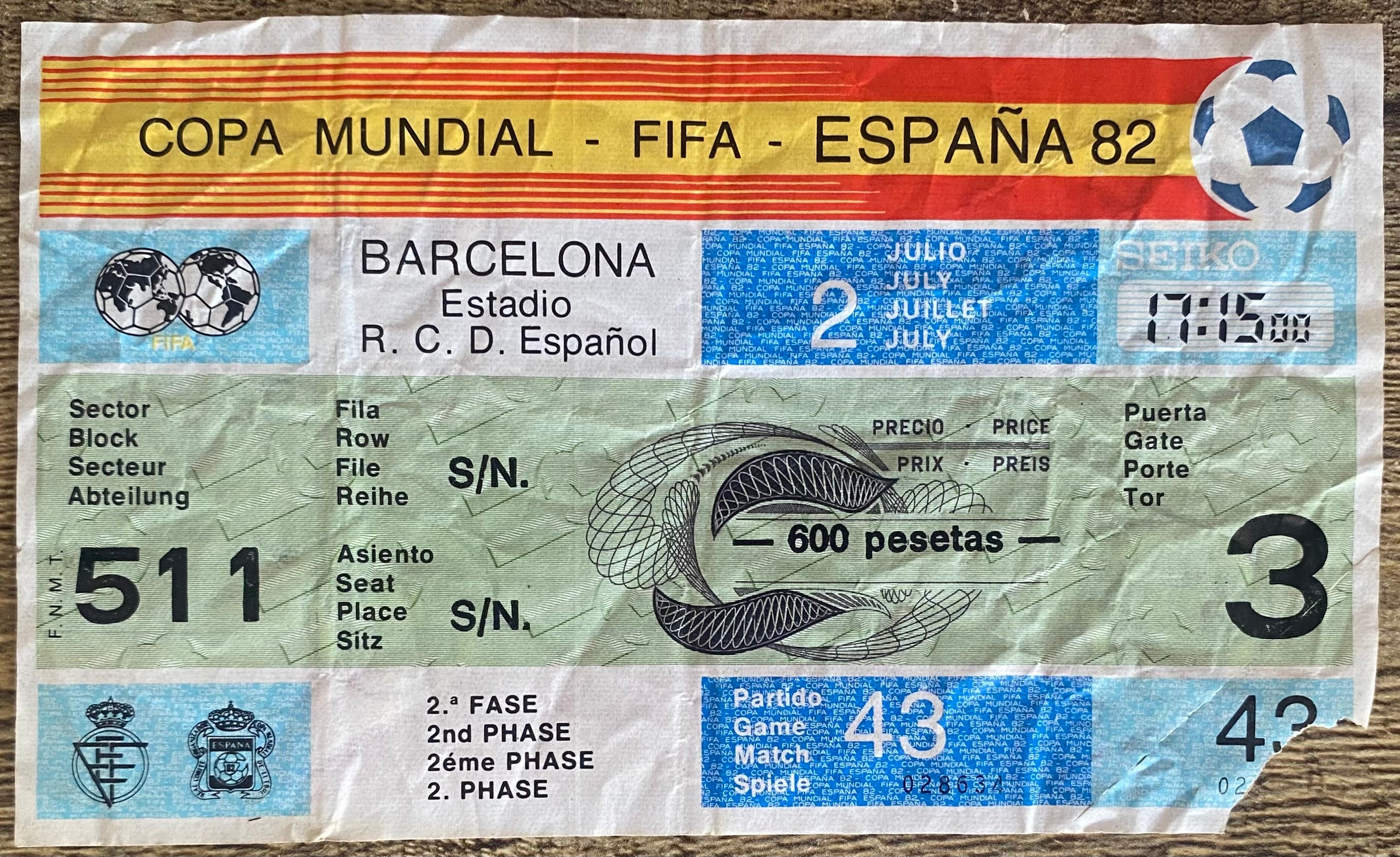1982 ORIGINAL WORLD CUP 2ND PHASE TICKET ARGENTINA V BRAZIL @ BARCELONA