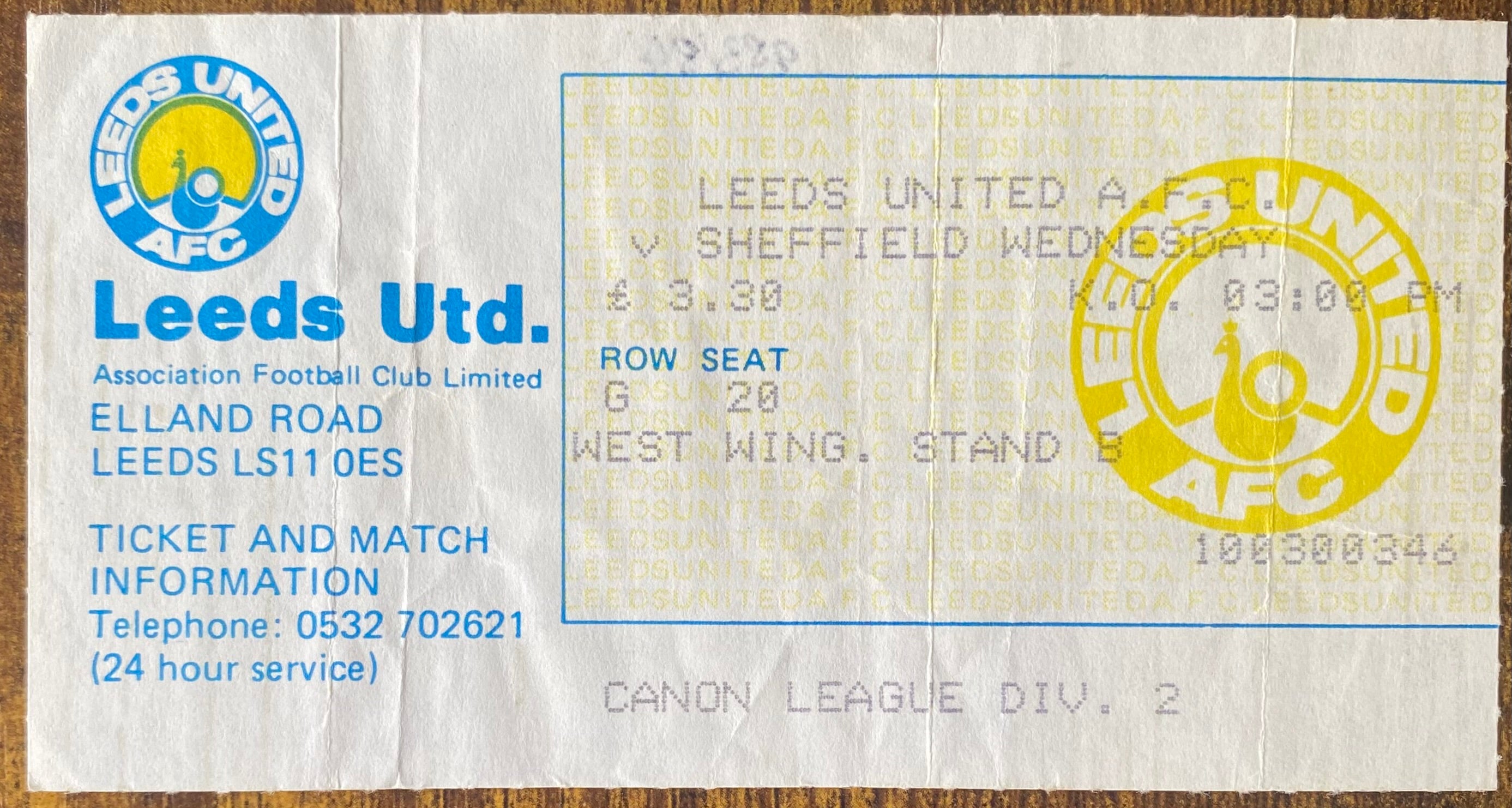 1983/84 ORIGINAL DIVISION TWO TICKET LEEDS UNITED V SHEFFIELD WEDNESDAY
