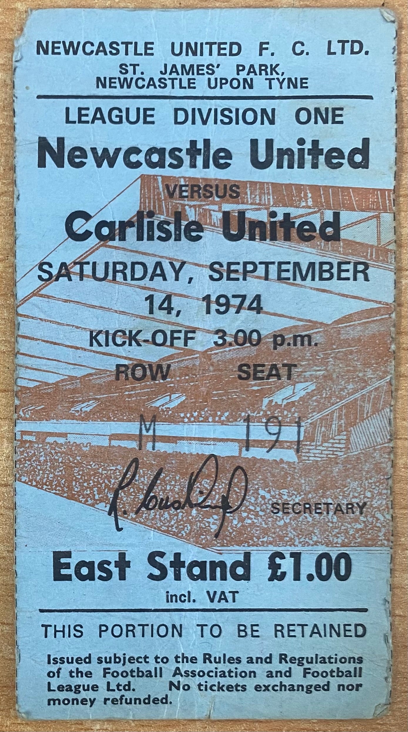 1974/75 ORIGINAL DIVISION 1 TICKET NEWCASTLE UNITED V CARLISLE UNITED