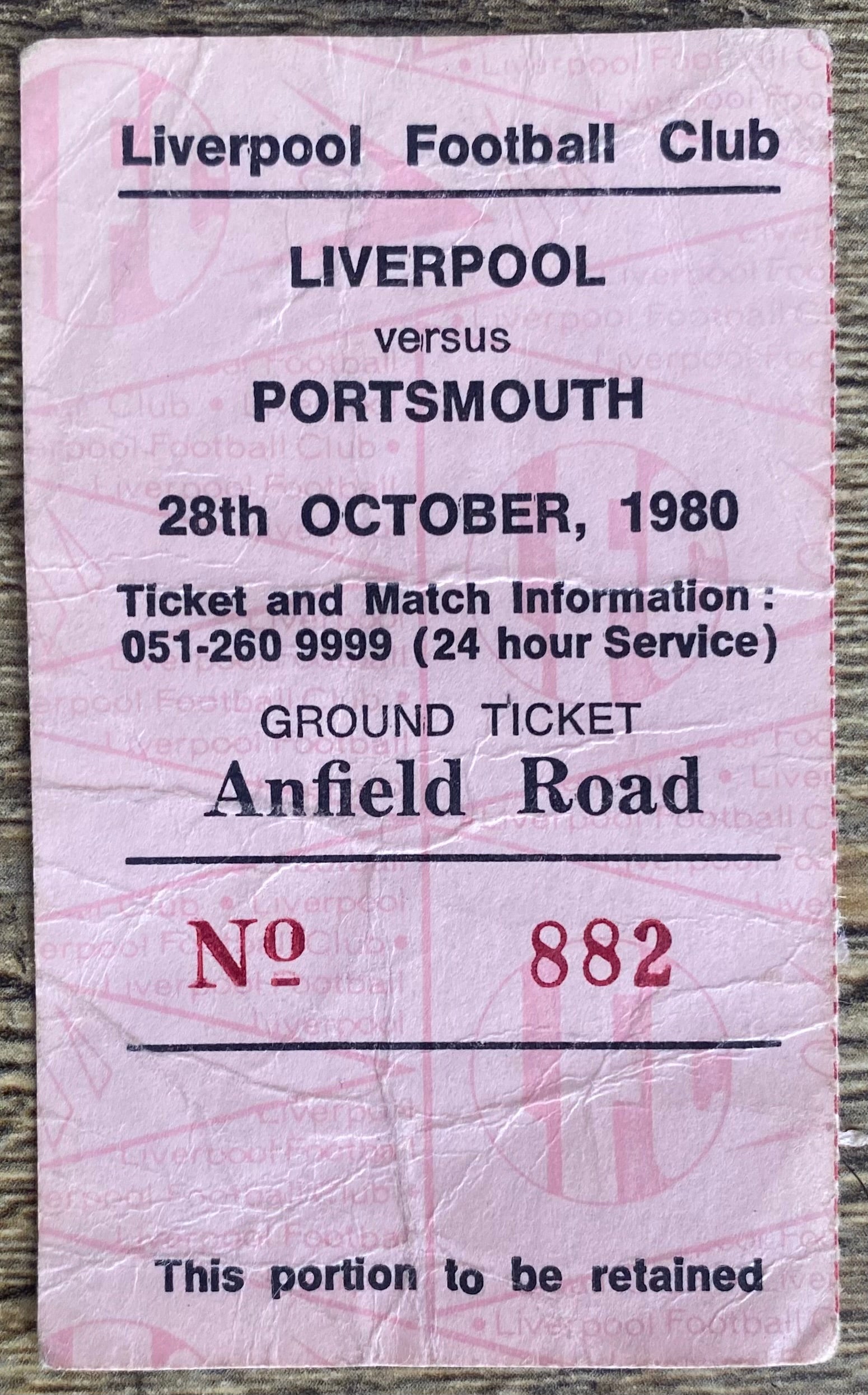 1980/81 ORIGINAL LEAGUE CUP 4TH ROUND TICKET LIVERPOOL V PORTSMOUTH